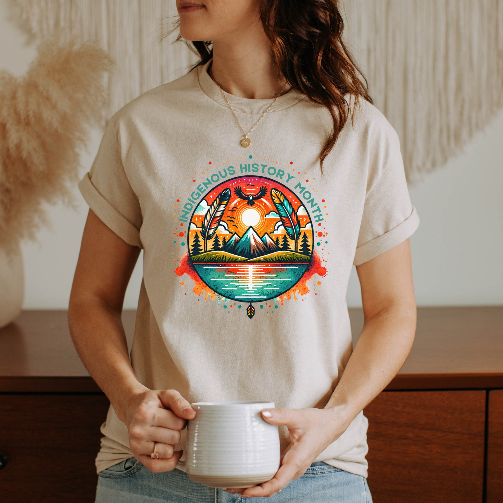 Indigenous History Month shirt with colorful feather, mountain, water, and eagle graphic on a unisex t-shirt. indigenous history month shirt, indigenous pride tee, native pride shirt, unisex graphic tee, cultural celebration shirt, indigenous apparel, feather design shirt, eagle graphic tee, native american shirt, heritage clothing, meaningful statement tee, everyday wear shirt, community event shirt, indigenous month shirt, proud indigenous shirt
