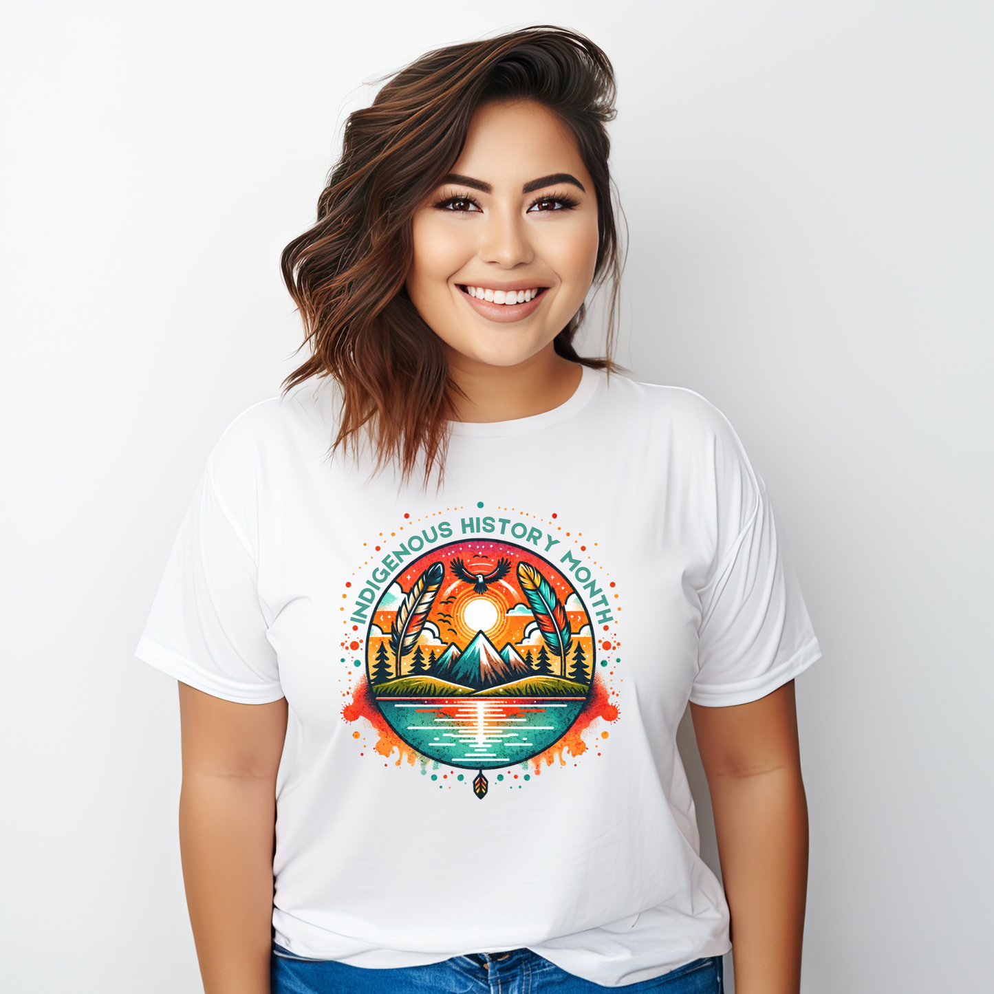 Indigenous History Month shirt with colorful feather, mountain, water, and eagle graphic on a unisex t-shirt. indigenous history month shirt, indigenous pride tee, native pride shirt, unisex graphic tee, cultural celebration shirt, indigenous apparel, feather design shirt, eagle graphic tee, native american shirt, heritage clothing, meaningful statement tee, everyday wear shirt, community event shirt, indigenous month shirt, proud indigenous shirt
