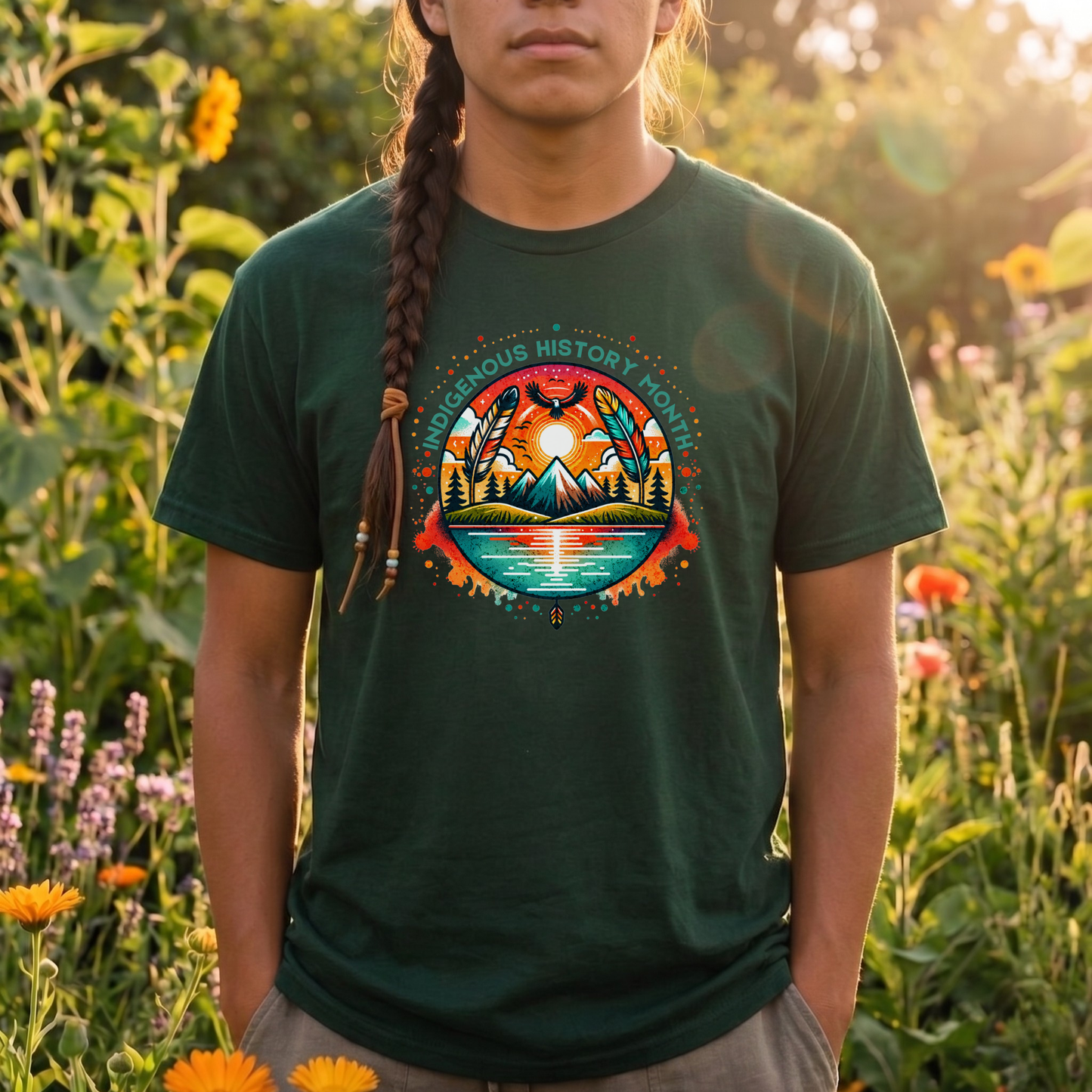 Indigenous History Month shirt with colorful feather, mountain, water, and eagle graphic on a unisex t-shirt. indigenous history month shirt, indigenous pride tee, native pride shirt, unisex graphic tee, cultural celebration shirt, indigenous apparel, feather design shirt, eagle graphic tee, native american shirt, heritage clothing, meaningful statement tee, everyday wear shirt, community event shirt, indigenous month shirt, proud indigenous shirt
