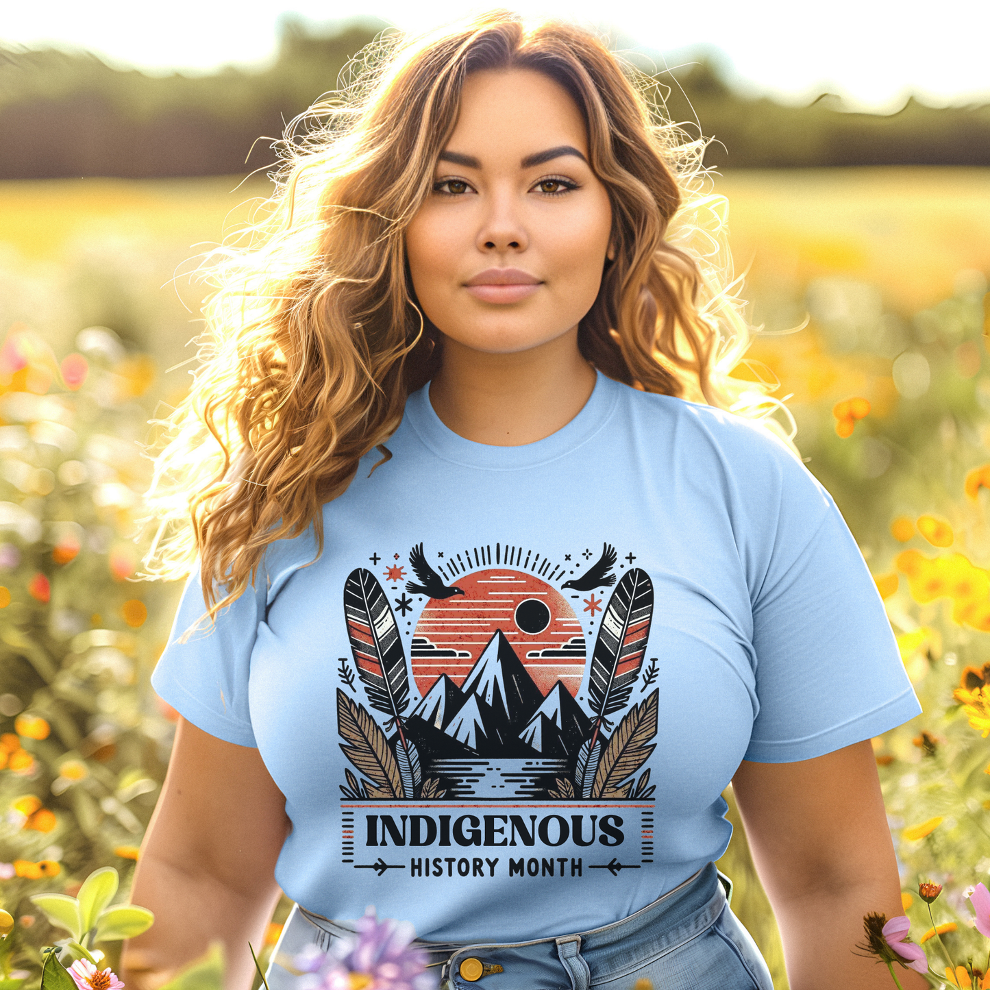 Indigenous History Month shirt with mountain, feather, and sun graphic in black, white, and earth tones on a unisex t-shirt. indigenous history month shirt, indigenous pride tee, mountain feather sun design, unisex graphic tee, cultural celebration shirt, indigenous apparel, native pride shirt, heritage clothing, meaningful statement tee, everyday wear shirt, community event shirt, indigenous month shirt, bold graphic tee, indigenous history apparel, celebration shirt