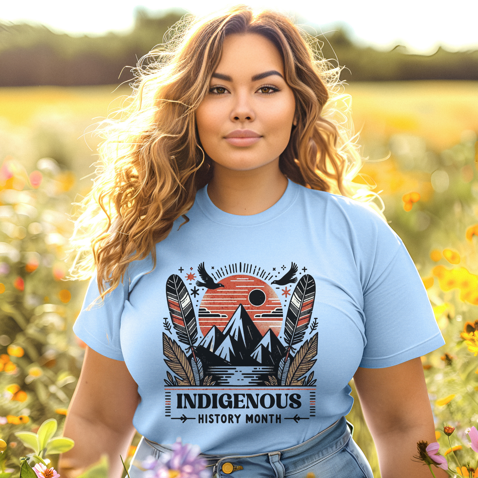 Indigenous History Month shirt with mountain, feather, and sun graphic in black, white, and earth tones on a unisex t-shirt. indigenous history month shirt, indigenous pride tee, mountain feather sun design, unisex graphic tee, cultural celebration shirt, indigenous apparel, native pride shirt, heritage clothing, meaningful statement tee, everyday wear shirt, community event shirt, indigenous month shirt, bold graphic tee, indigenous history apparel, celebration shirt