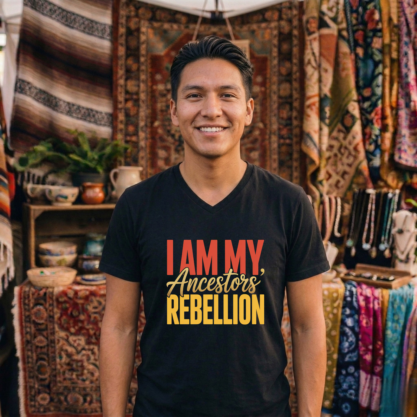 Indigenous V-neck, ancestors rebellion V-neck, I am my ancestors rebellion t-shirt, social justice V-neck, land back V-neck, activist V-neck tee, decolonization V-neck, Indigenous owned V-neck, Sahdeh Spruce design, unisex rebellion V-neck, cultural pride V-neck, ethical fashion, protest V-neck, heritage graphic V-neck