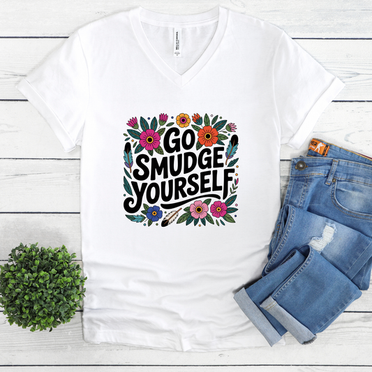  Indigenous V-neck, go smudge yourself shirt, smudge yourself t-shirt, floral feathers V-neck, Indigenous humor tee, cultural pride V-neck, smudging apparel, Indigenous owned V-neck, Sahdeh Spruce design, unisex smudge tee, decolonization humor, ethical fashion, protest V-neck, floral typography shirt