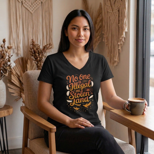 Indigenous V-neck, no one is illegal on stolen land V-neck, land back V-neck shirt, social justice V-neck, stolen land V-neck, feather bird V-neck, activist V-neck tee, Indigenous owned V-neck, Sahdeh Spruce design, unisex activist V-neck, decolonization apparel, ethical fashion, protest V-neck, Native pride V-neck