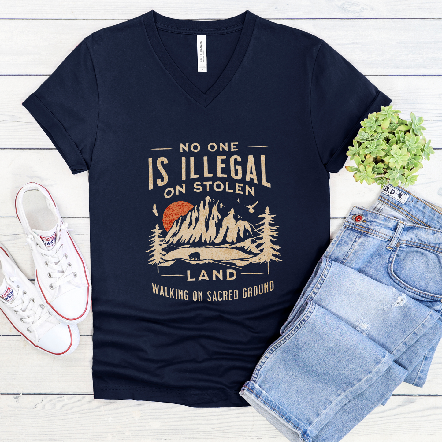  Indigenous V-neck, social justice V-neck t-shirt, land back V-neck, sacred ground shirt, no one is illegal on stolen land shirt, activist V-neck tee, stolen land V-neck, walking on sacred ground apparel, human rights V-neck, Indigenous owned V-neck, Sahdeh Spruce design, unisex activist V-neck, decolonization clothing, ethical fashion, protest V-neck, mountain graphic V-neck