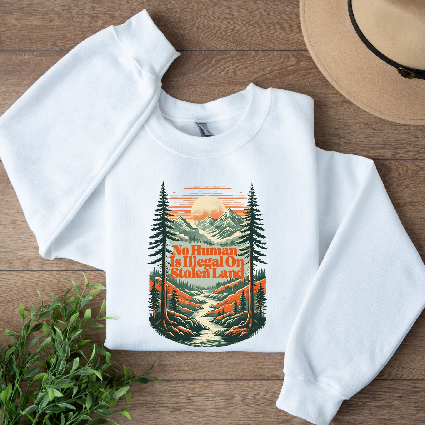  Indigenous crewneck, social justice sweatshirt, land back crewneck, activist sweatshirt, stolen land crewneck, no human is illegal sweatshirt, human rights clothing, Indigenous owned sweatshirt, Sahdeh Spruce design, unisex activist crewneck, decolonization apparel, ethical fashion, protest sweatshirt, mountain graphic crewneck