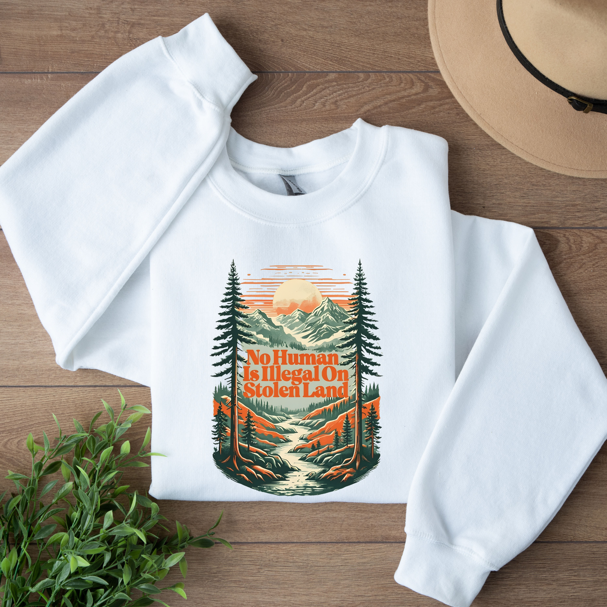  Indigenous crewneck, social justice sweatshirt, land back crewneck, activist sweatshirt, stolen land crewneck, no human is illegal sweatshirt, human rights clothing, Indigenous owned sweatshirt, Sahdeh Spruce design, unisex activist crewneck, decolonization apparel, ethical fashion, protest sweatshirt, mountain graphic crewneck