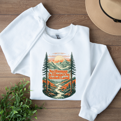  Indigenous crewneck, social justice sweatshirt, land back crewneck, activist sweatshirt, stolen land crewneck, no human is illegal sweatshirt, human rights clothing, Indigenous owned sweatshirt, Sahdeh Spruce design, unisex activist crewneck, decolonization apparel, ethical fashion, protest sweatshirt, mountain graphic crewneck