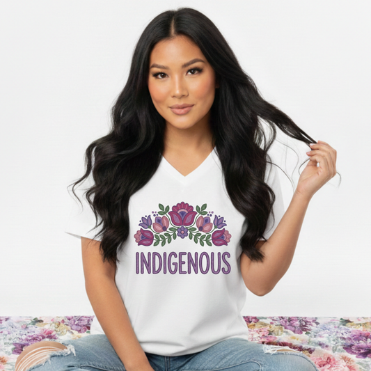 Indigenous floral vneck shirt, Indigenous beaded floral shirt, Indigenous graphic tee, beaded flower t‑shirt, Indigenous art shirt, Indigenous‑owned brand, Native floral design shirt, Dene floral shirt, Sahtu Tlicho inspired design, cultural floral tee.