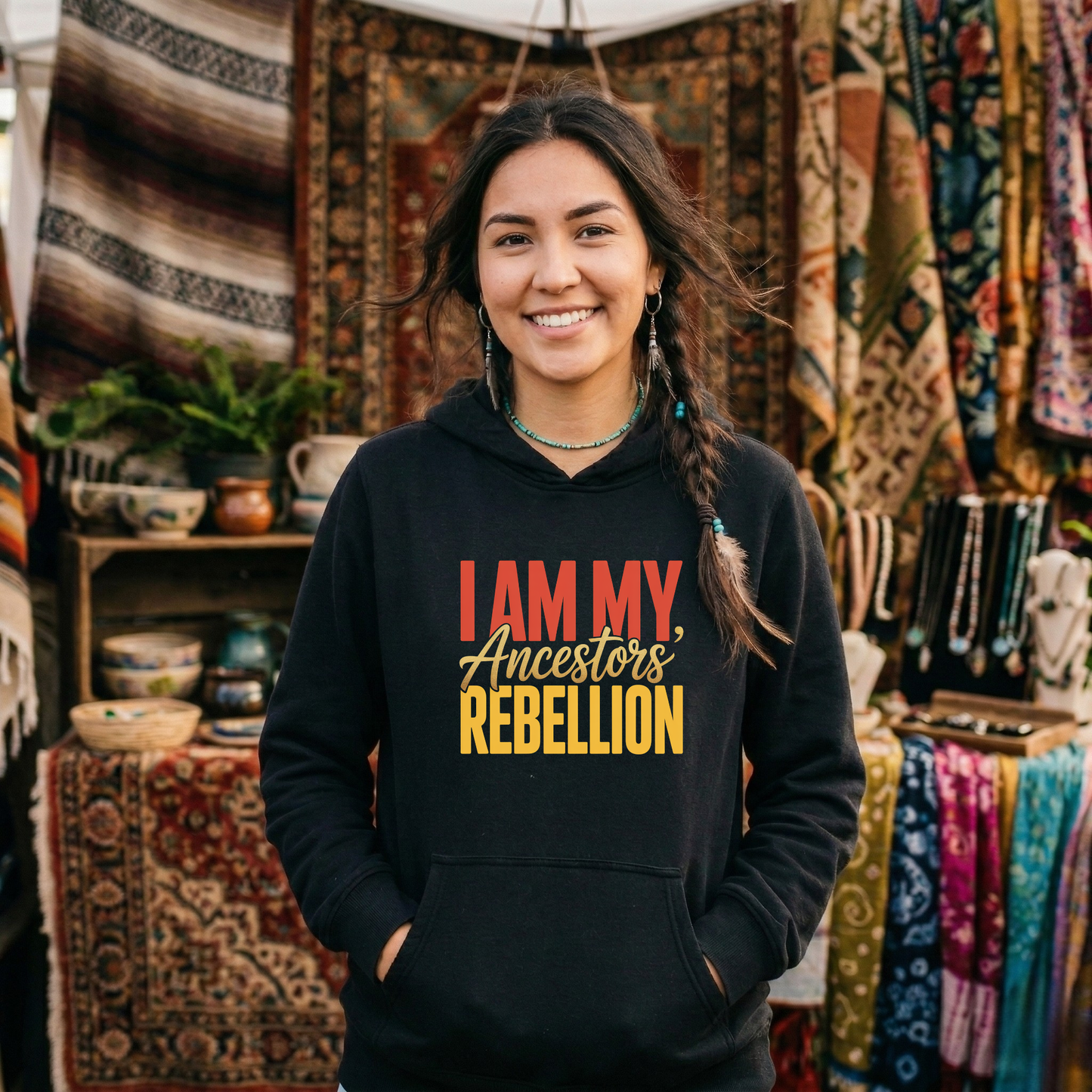 Indigenous hoodie, ancestors rebellion hoodie, I am my ancestors rebellion hoodie, social justice hoodie, land back hoodie, activist hoodie, decolonization hoodie, Indigenous owned hoodie, Sahdeh Spruce design, unisex rebellion hoodie, cultural pride hoodie, ethical fashion, protest hoodie, heritage graphic hoodie