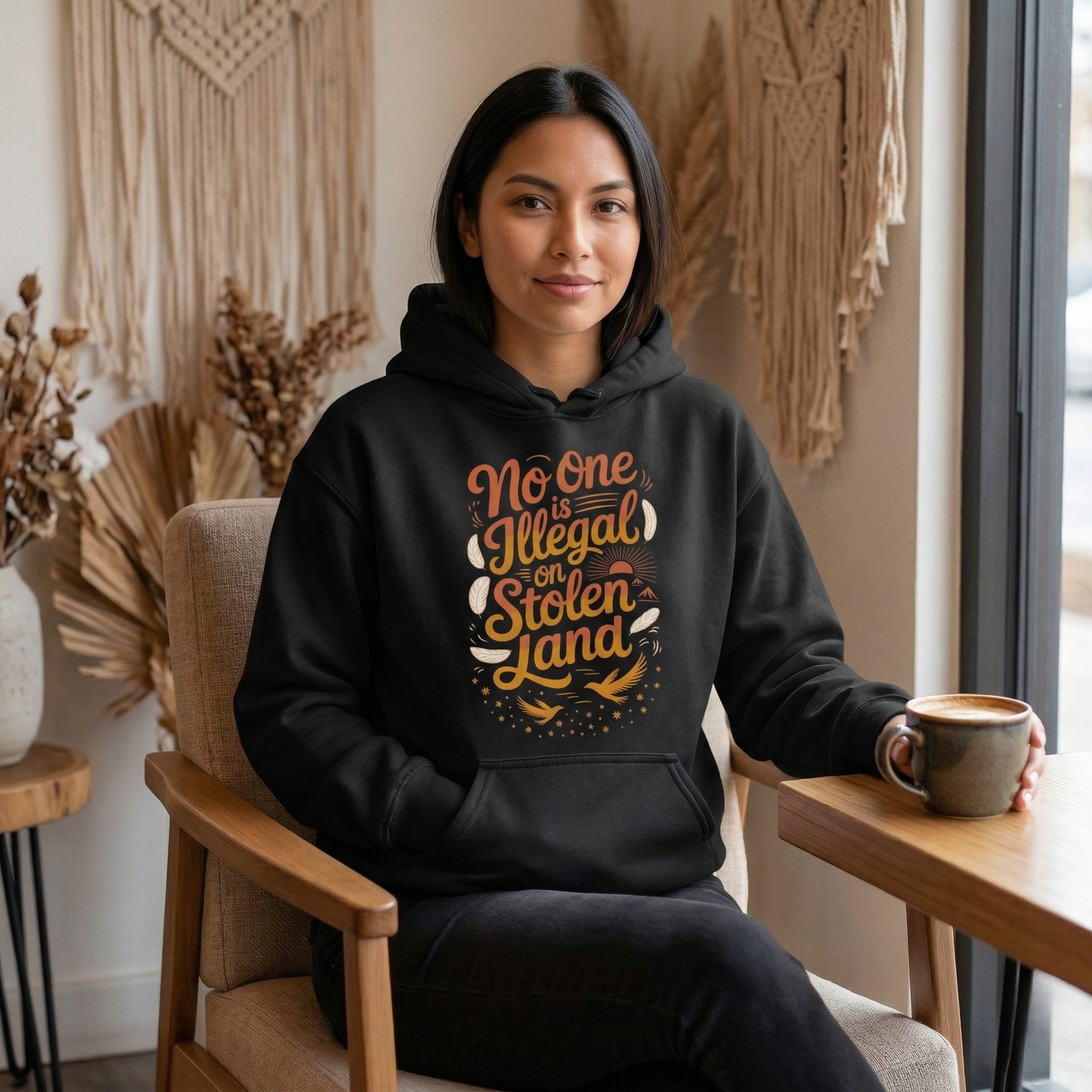 Indigenous hoodie, no one is illegal on stolen land sweatshirt, land back crewneck, social justice sweatshirt, stolen land crewneck, feather bird sweatshirt, activist apparel, Indigenous owned crewneck, Sahdeh Spruce design, unisex activist sweatshirt, decolonization clothing, ethical fashion, protest sweatshirt, Native pride crewneck