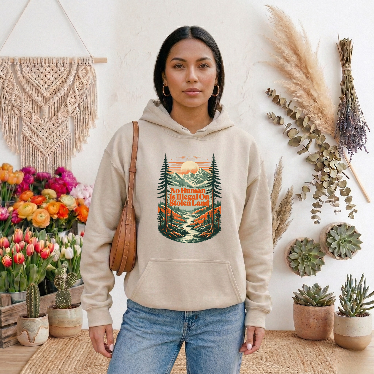 Indigenous hoodie, social justice hoodie, land back hoodie, activist hoodie, stolen land hoodie, no human is illegal hoodie, human rights clothing, Indigenous owned hoodie, Sahdeh Spruce design, unisex activist hoodie, decolonization apparel, ethical fashion, protest hoodie, mountain graphic hoodie