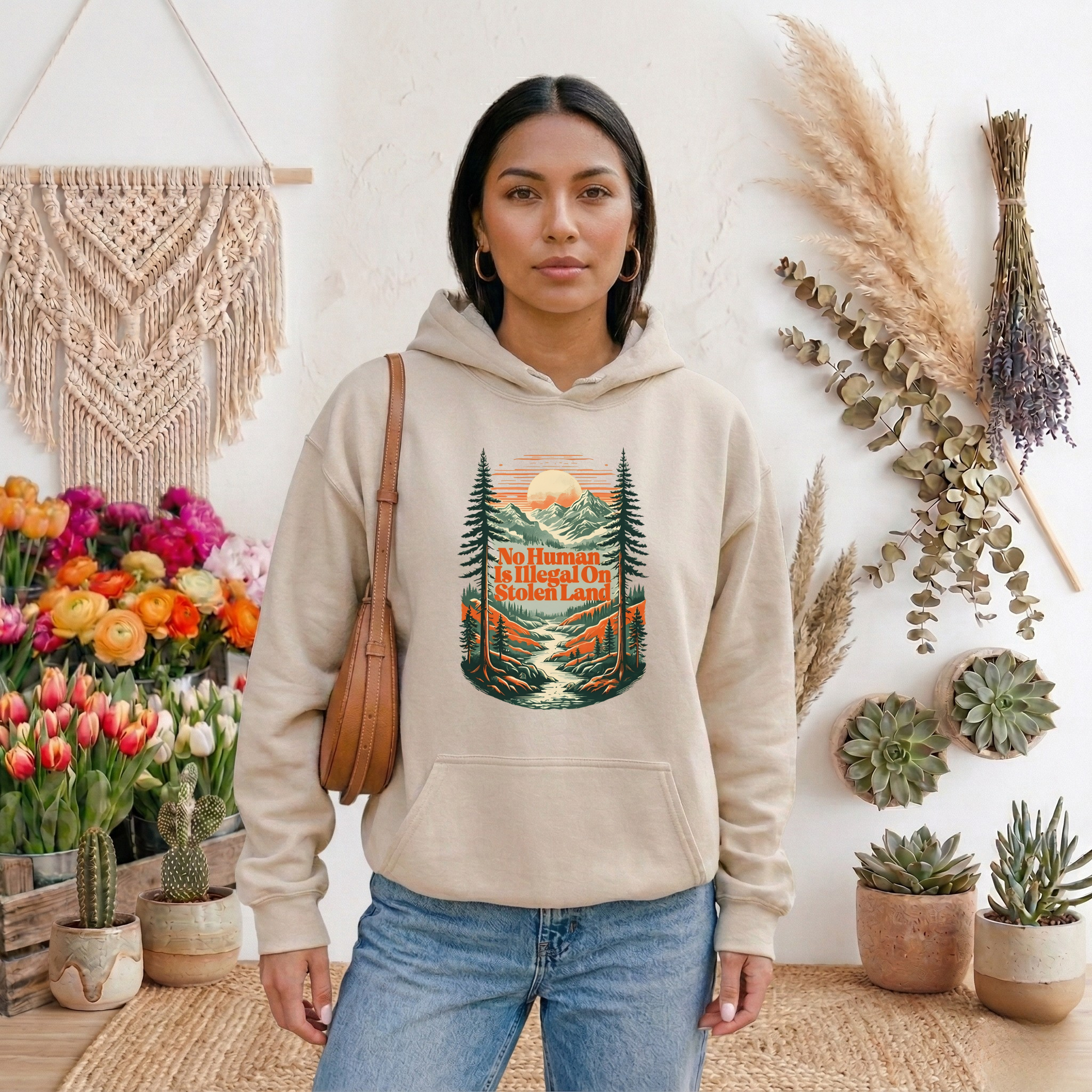 Indigenous hoodie, social justice hoodie, land back hoodie, activist hoodie, stolen land hoodie, no human is illegal hoodie, human rights clothing, Indigenous owned hoodie, Sahdeh Spruce design, unisex activist hoodie, decolonization apparel, ethical fashion, protest hoodie, mountain graphic hoodie