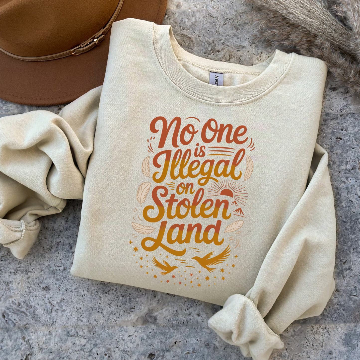 Indigenous sweatshirt, no one is illegal on stolen land sweatshirt, land back crewneck, social justice sweatshirt, stolen land crewneck, feather bird sweatshirt, activist apparel, Indigenous owned crewneck, Sahdeh Spruce design, unisex activist sweatshirt, decolonization clothing, ethical fashion, protest sweatshirt, Native pride crewneck