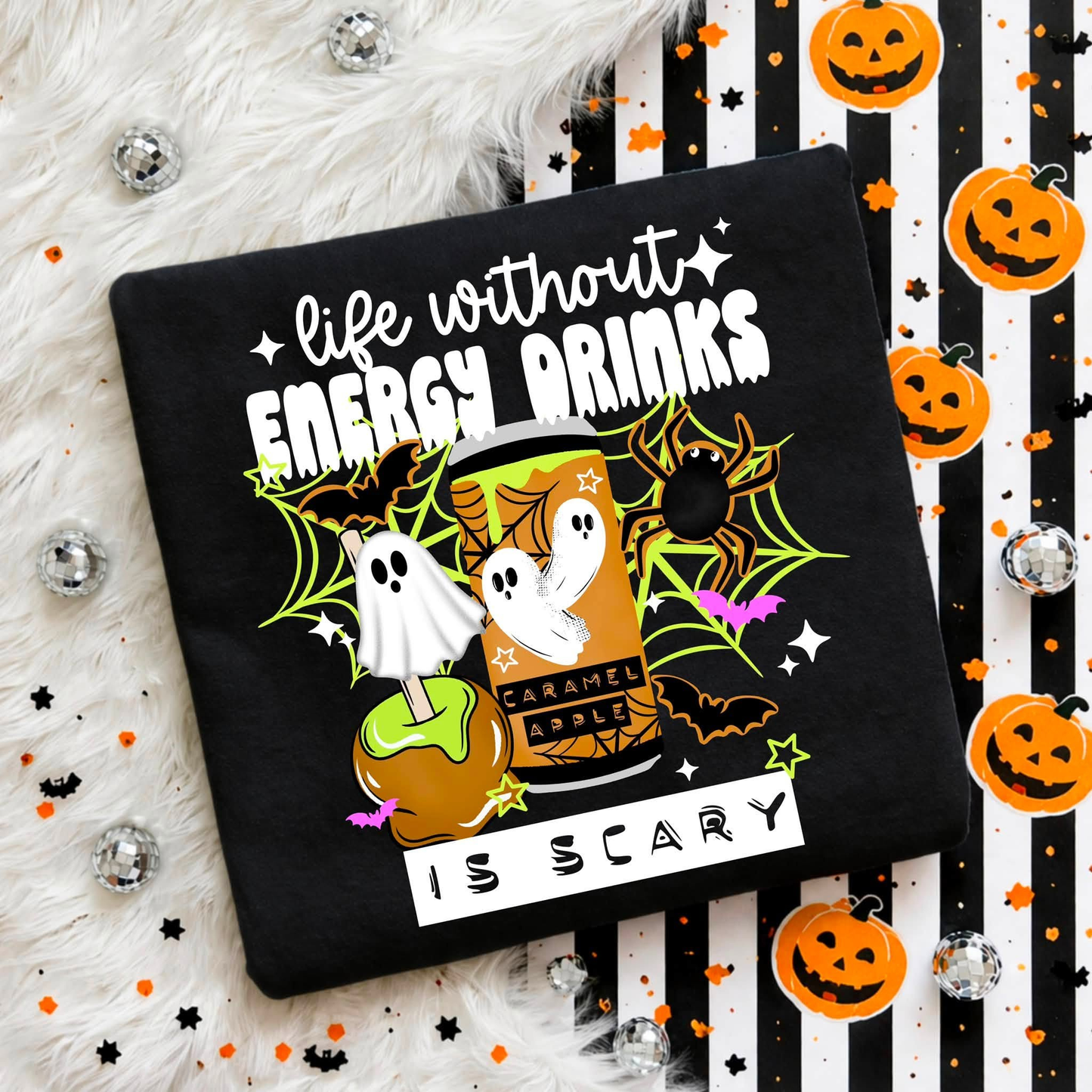 Funny Life Without Energy Drinks Is Scary Halloween shirt with ghosts, bats, spider webs, caramel apple, and spooky energy drink design. life without energy drinks is scary shirt, funny halloween shirt, energy drink shirt, caffeine lover shirt, halloween ghost shirt, spooky season shirt, funny fall shirt, halloween graphic tee, gamer shirt, nurse halloween shirt, teacher halloween shirt, student shirt, caffeine addict shirt, halloween apparel, caramel apple shirt, ghost aesthetic shirt, spooky cute shirt