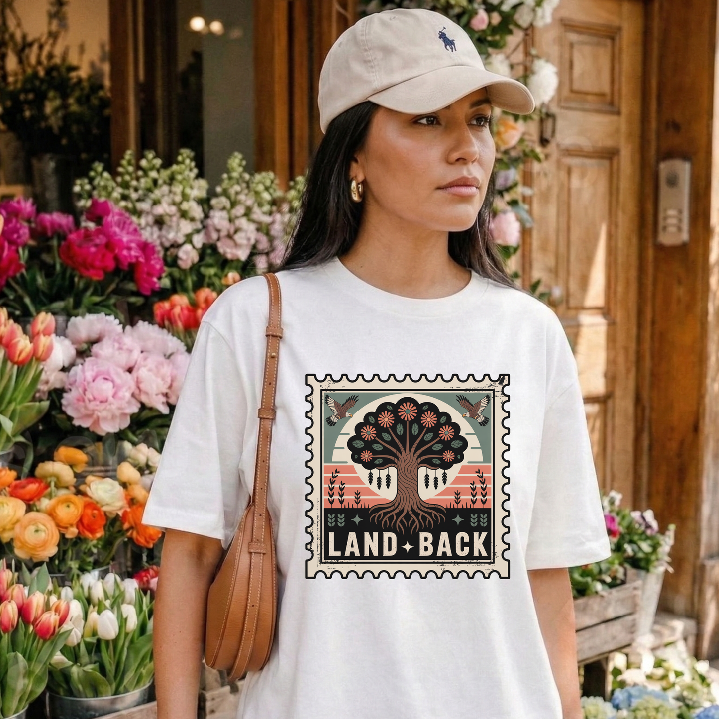 Woman wearing a white t-shirt with a graphic design and text, standing in front of a flower shop. land back shirt, indigenous awareness shirt, nature shirt, tree graphic tee, minimalist shirt, advocacy apparel, eco conscious clothing, indigenous inspired apparel, social justice shirt, unisex t shirt, earthy aesthetic clothing, statement tee