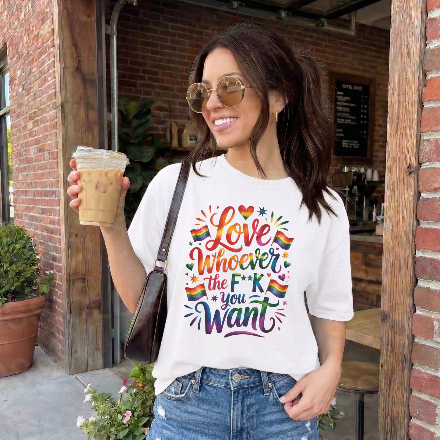 Woman wearing a white t-shirt with colorful text, holding a coffee cup outdoors. love is love, pride shirt, equality apparel, inclusive clothing, feminist tee, graphic shirt, LGBTQ+ fashion, Indigenous brand, Toronto streetwear, statement tee, self-expression shirt