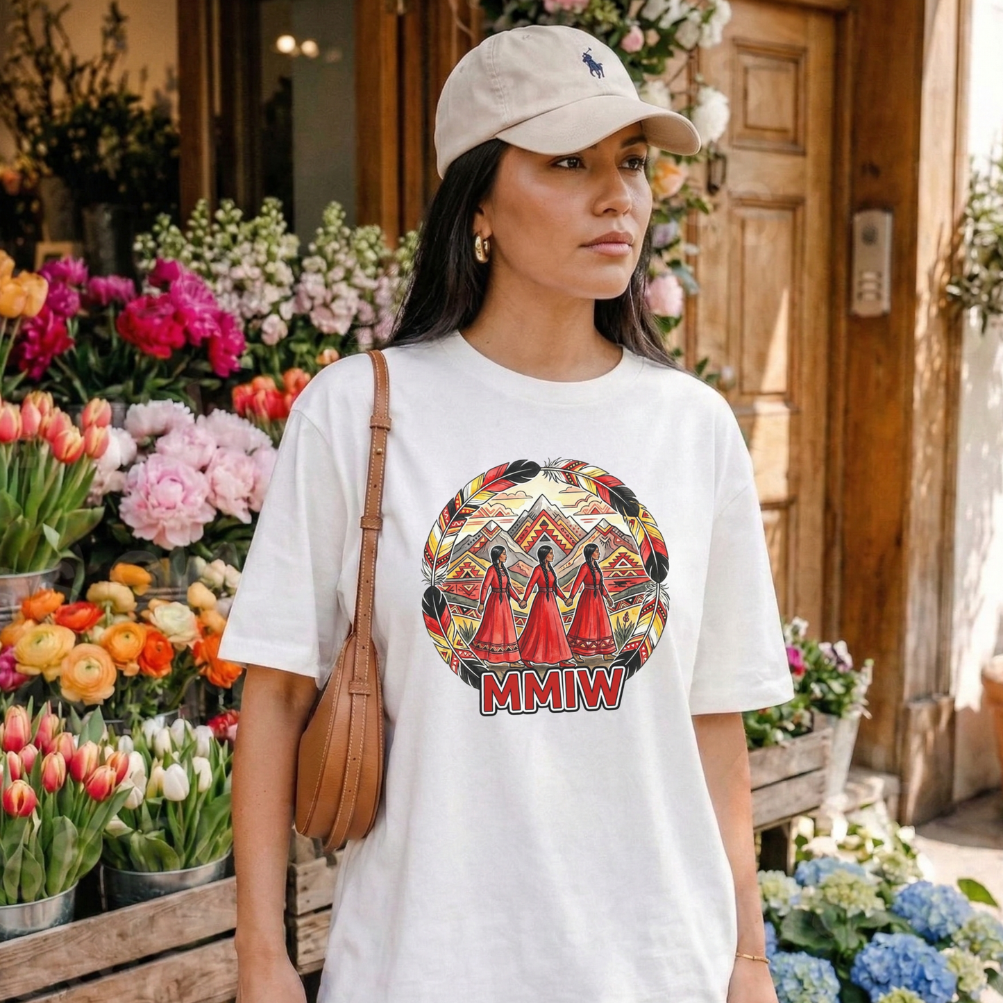 Woman wearing a white t-shirt with a graphic design and 'MMIW' text, standing in front of a flower shop. MMIW shirt, MMIW awareness, Indigenous t shirt, Missing and Murdered Indigenous Women, Indigenous graphic tee, Indigenous awareness shirt, unisex t shirt, activism shirt, Indigenous justice, Two Spirit awareness, Native apparel, awareness tee, Indigenous owned brand, feather frame shirt, statement t shirt