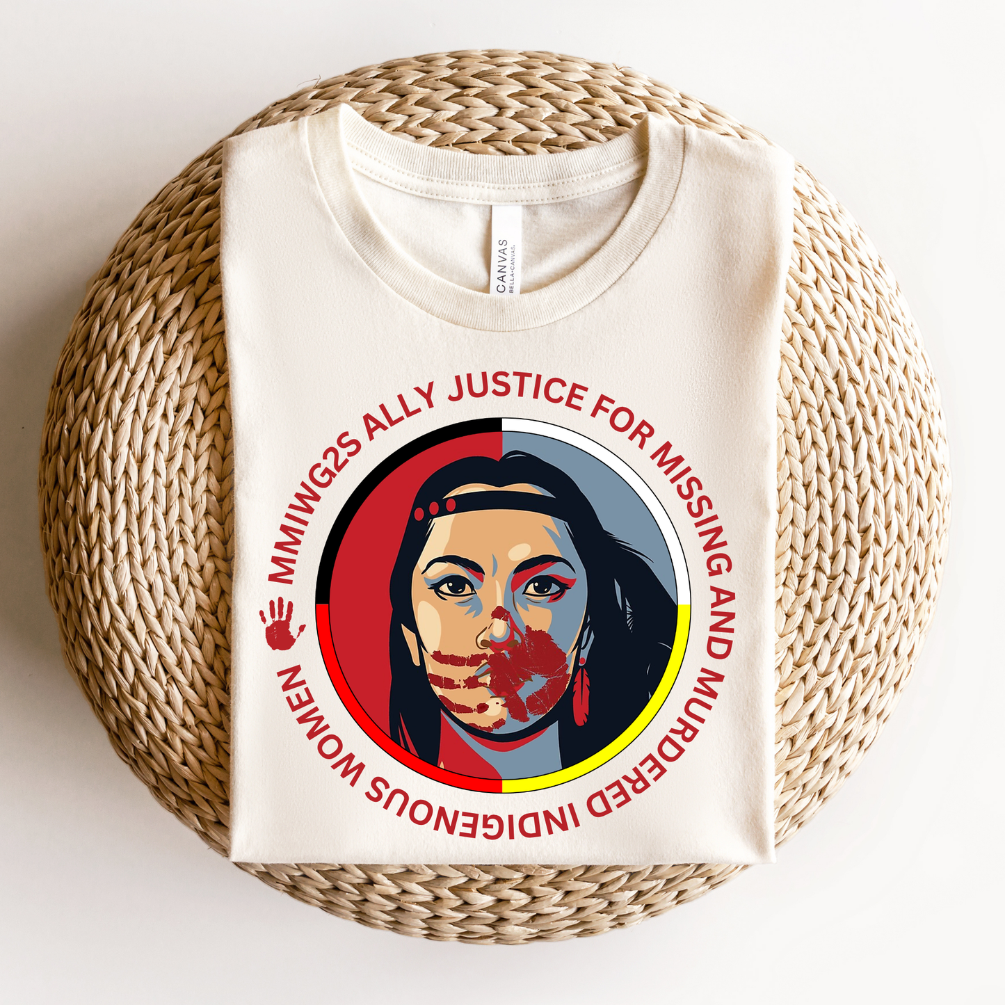 White t-shirt with a graphic design on a woven surface. MMIWG2S shirt, Missing Murdered Indigenous Women tee, Indigenous ally shirt, MMIWG awareness apparel, justice for Indigenous women clothing, truth and reconciliation tee, National Day for Truth shirt, Indigenous activism clothing, 2SLGBTQQIA ally shirt, Canada missing women awareness, social justice tee, rally shirt Indigenous rights, solidarity shirt, awareness apparel Indigenous, activism t-shirt