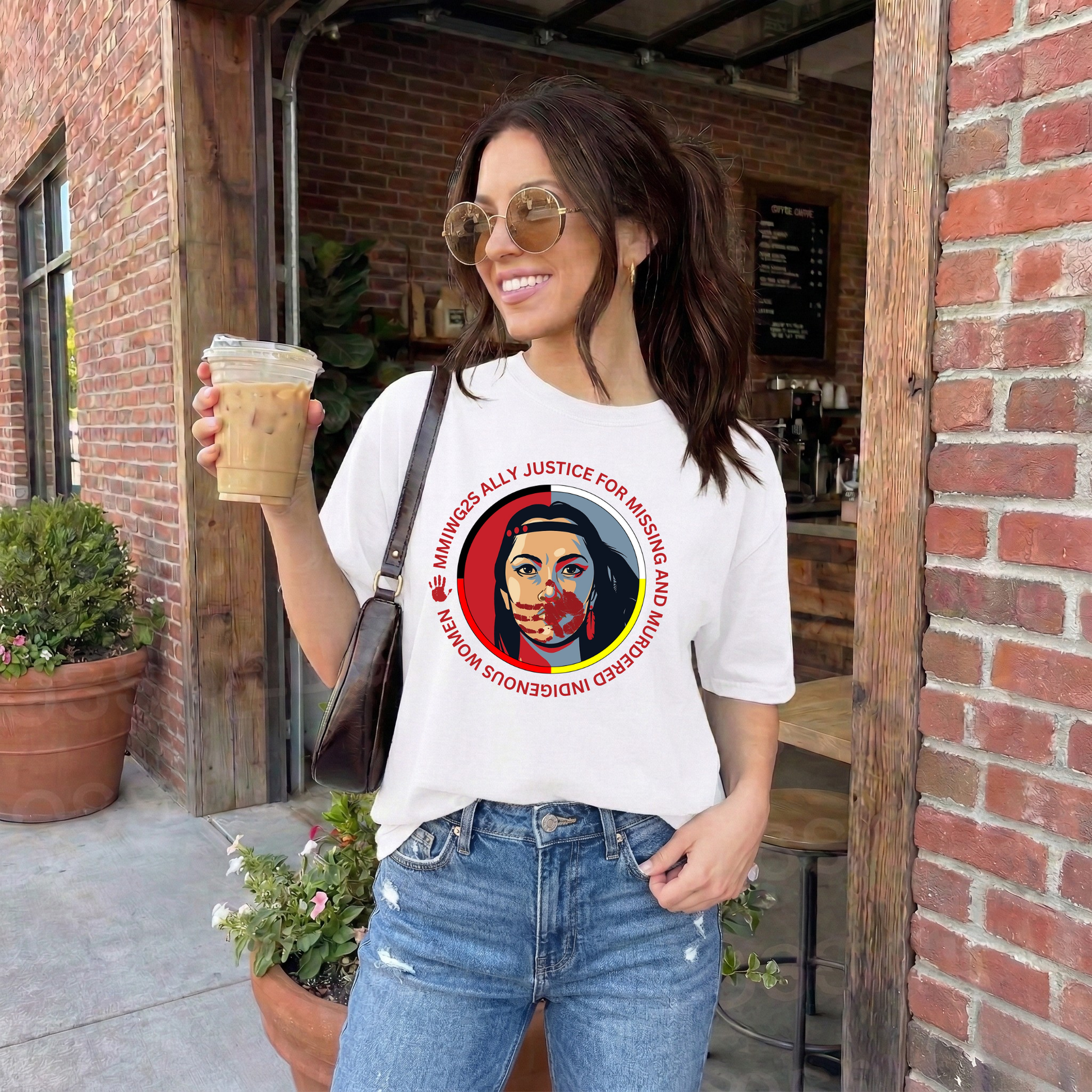 Woman holding a coffee cup outside a brick building, wearing a white t-shirt with a graphic design. MMIWG2S shirt, Missing Murdered Indigenous Women tee, Indigenous ally shirt, MMIWG awareness apparel, justice for Indigenous women clothing, truth and reconciliation tee, National Day for Truth shirt, Indigenous activism clothing, 2SLGBTQQIA ally shirt, Canada missing women awareness, social justice tee, rally shirt Indigenous rights, solidarity shirt, awareness apparel Indigenous, activism t-shirt