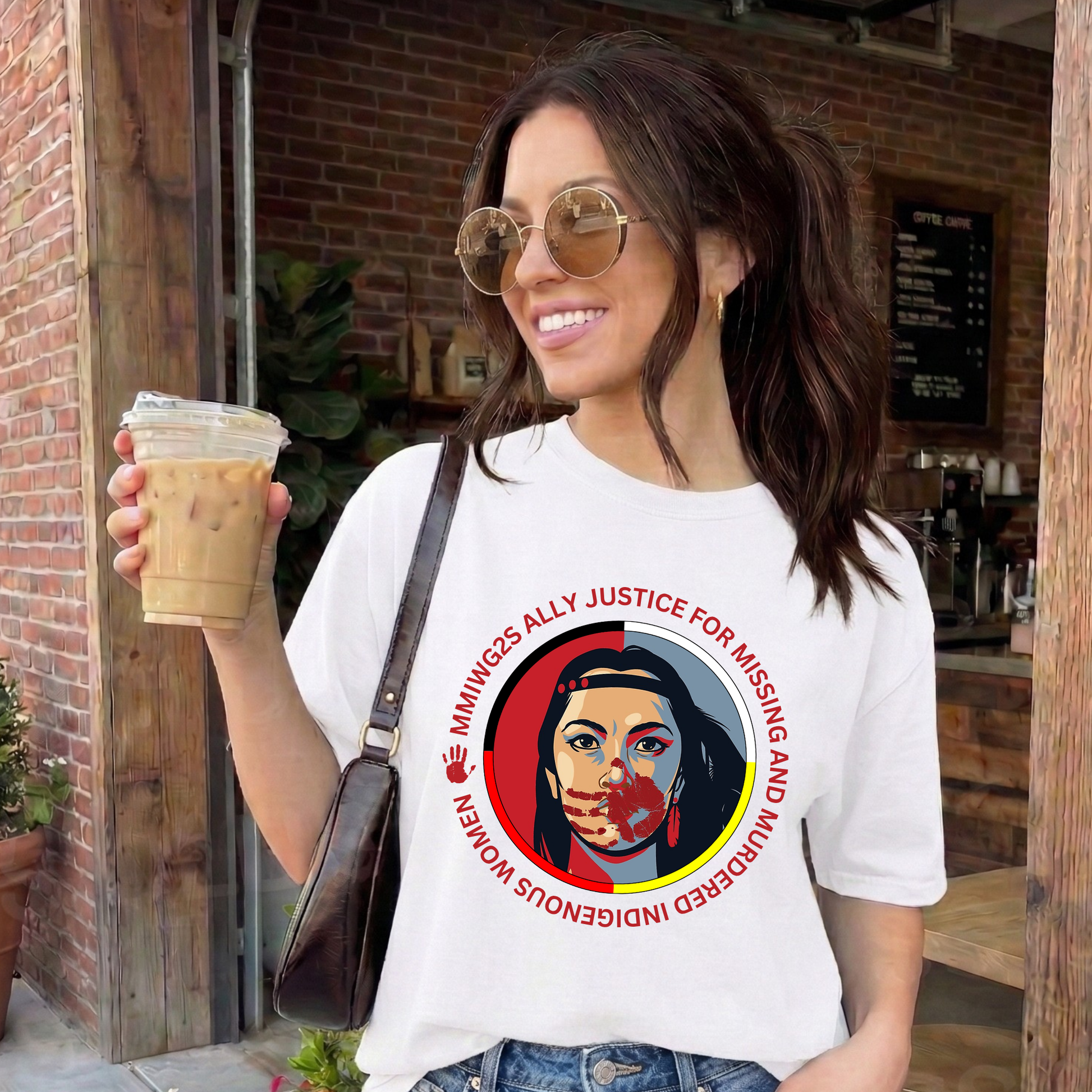 Woman holding a coffee cup outside a brick building, wearing a white t-shirt with a graphic design. MMIWG2S shirt, Missing Murdered Indigenous Women tee, Indigenous ally shirt, MMIWG awareness apparel, justice for Indigenous women clothing, truth and reconciliation tee, National Day for Truth shirt, Indigenous activism clothing, 2SLGBTQQIA ally shirt, Canada missing women awareness, social justice tee, rally shirt Indigenous rights, solidarity shirt, awareness apparel Indigenous, activism t-shirt