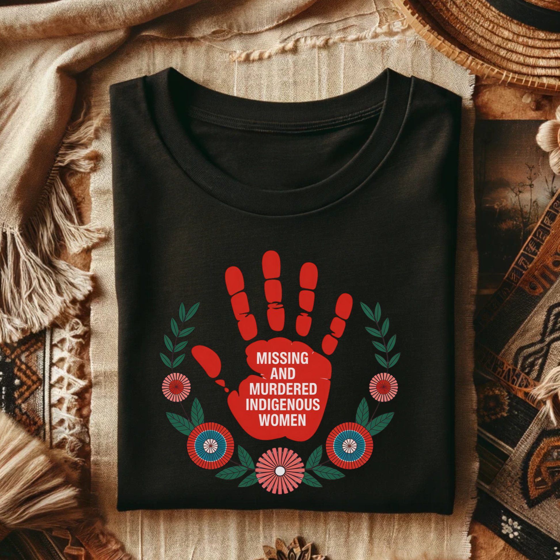 Black sweatshirt with a red handprint design and text on a textured surface. MMIW shirt, Missing and Murdered Indigenous Women shirt, red handprint shirt, Indigenous awareness shirt, Indigenous rights shirt, MMIW awareness tee, solidarity shirt, social justice shirt, unisex awareness shirt, Canada Indigenous shirt, Indigenous activism clothing, reconciliation shirt, advocate shirt, meaningful graphic tee, awareness apparel
