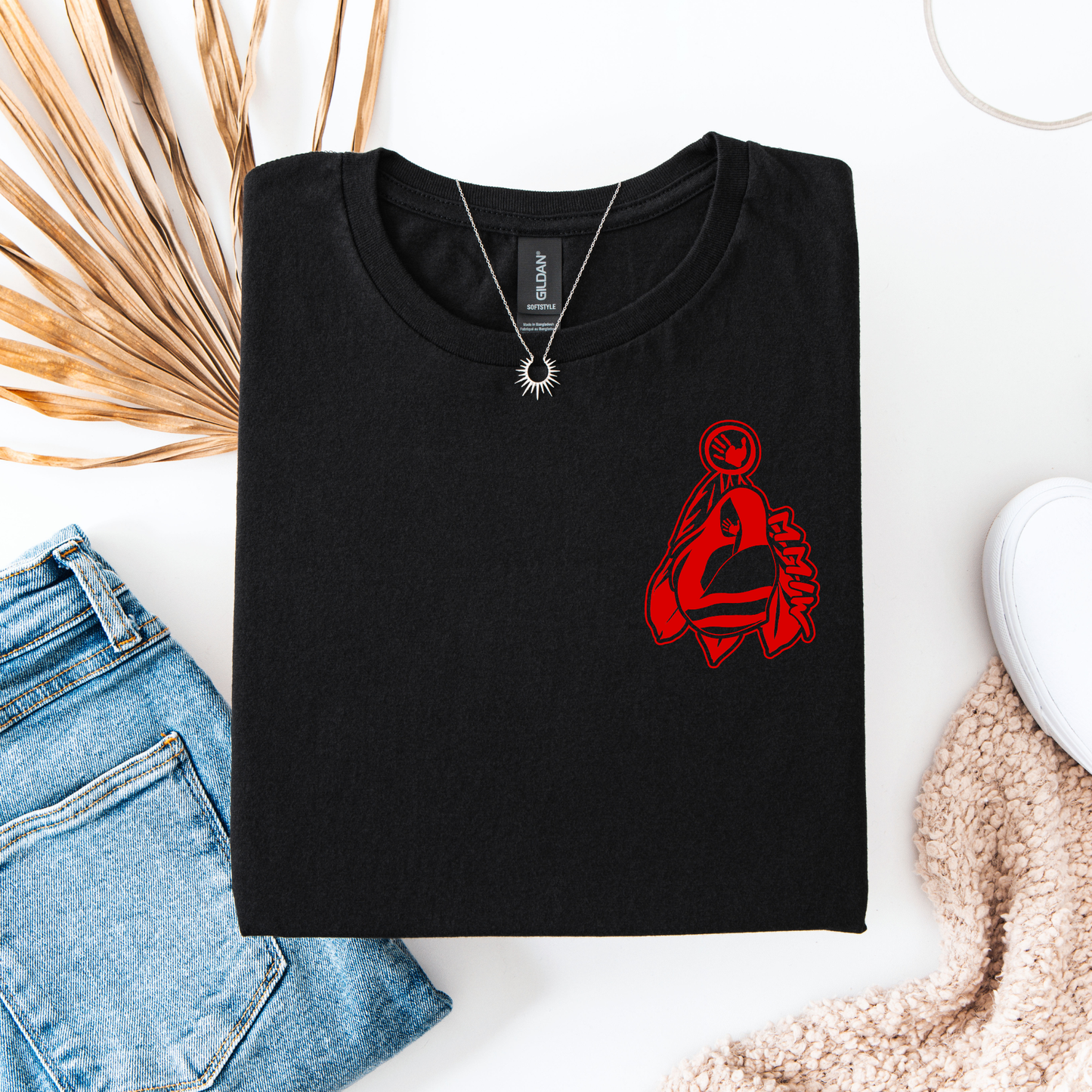 Black t-shirt with red graphic design on a white surface with denim jeans and a white cup. MMIW shirt, MMIW woman in feathers, pocket design shirt, Indigenous awareness tee, Missing and Murdered Indigenous Women, Indigenous graphic tee, unisex t shirt, activism shirt, Indigenous justice, feather shirt, awareness apparel, Native shirt, statement tee, solidarity shirt, Indigenous owned brand
