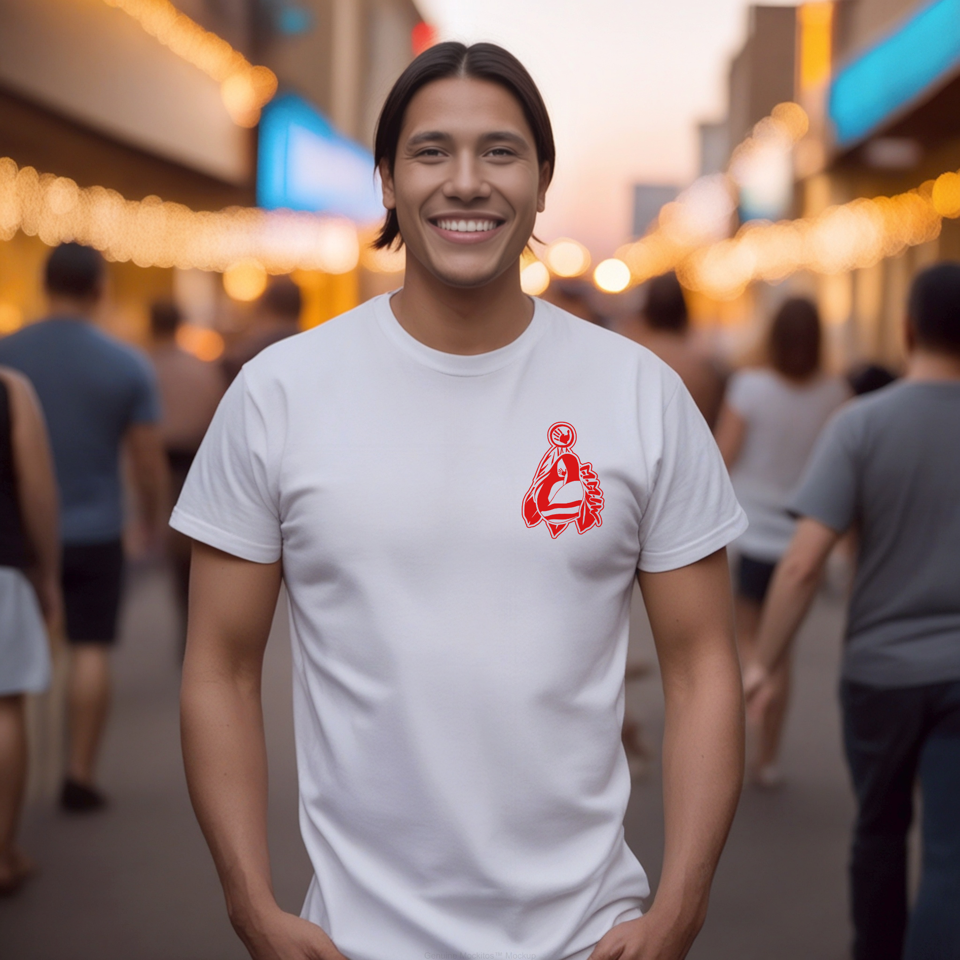 Man wearing a white t-shirt with a red logo in a busy street setting. MMIW shirt, MMIW woman in feathers, pocket design shirt, Indigenous awareness tee, Missing and Murdered Indigenous Women, Indigenous graphic tee, unisex t shirt, activism shirt, Indigenous justice, feather shirt, awareness apparel, Native shirt, statement tee, solidarity shirt, Indigenous owned brand
