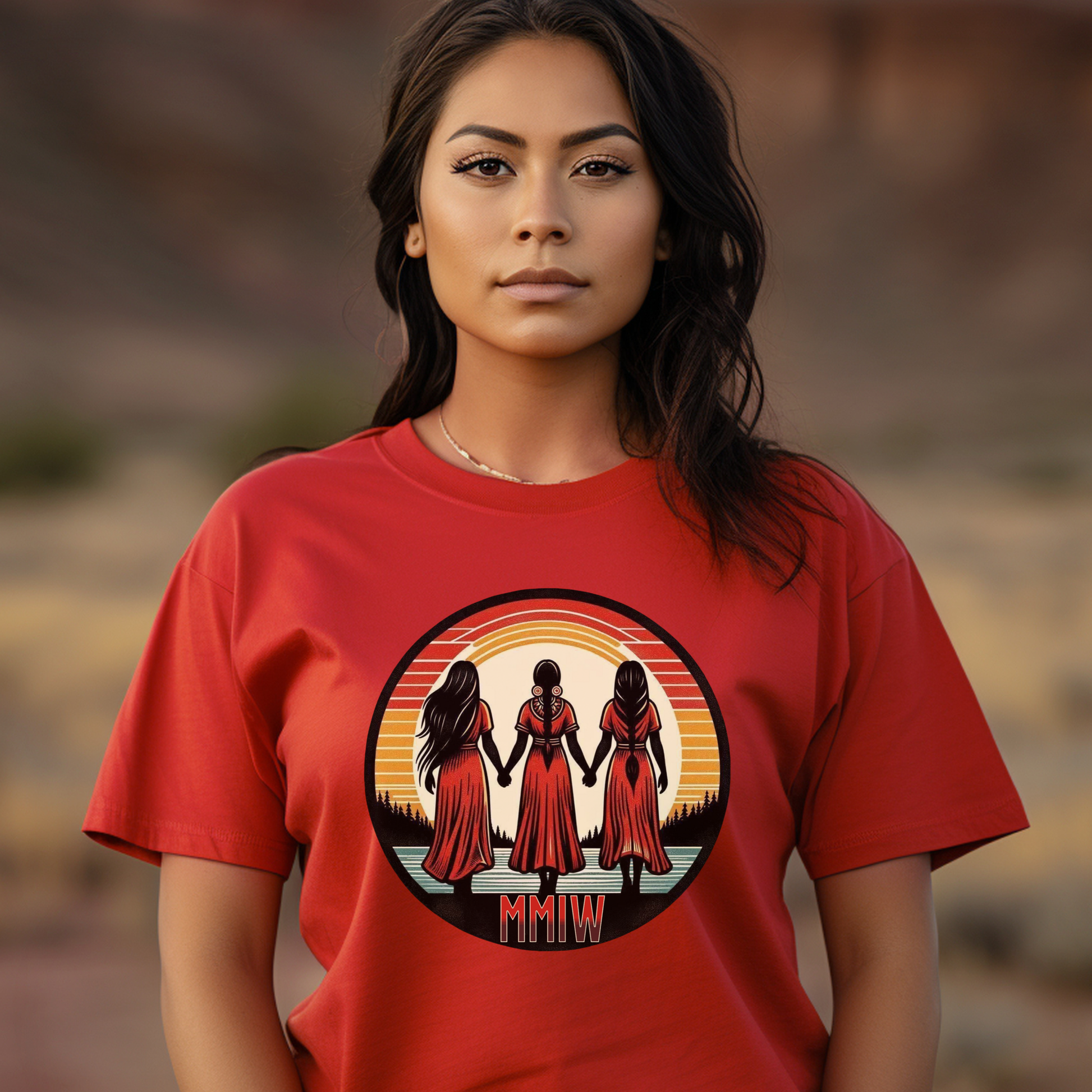 Indigenous MMIW Circle t-shirt featuring three women joined in a circle to honour Missing and Murdered Indigenous Women, Girls, and Two-Spirit people. mmiw shirt canada, indigenous clothing canada, missing and murdered indigenous women shirt, mmiw awareness shirt, indigenous t shirt canada, orange shirt day apparel, activist clothing canada, indigenous apparel ontario, unisex graphic tee canada, social justice clothing