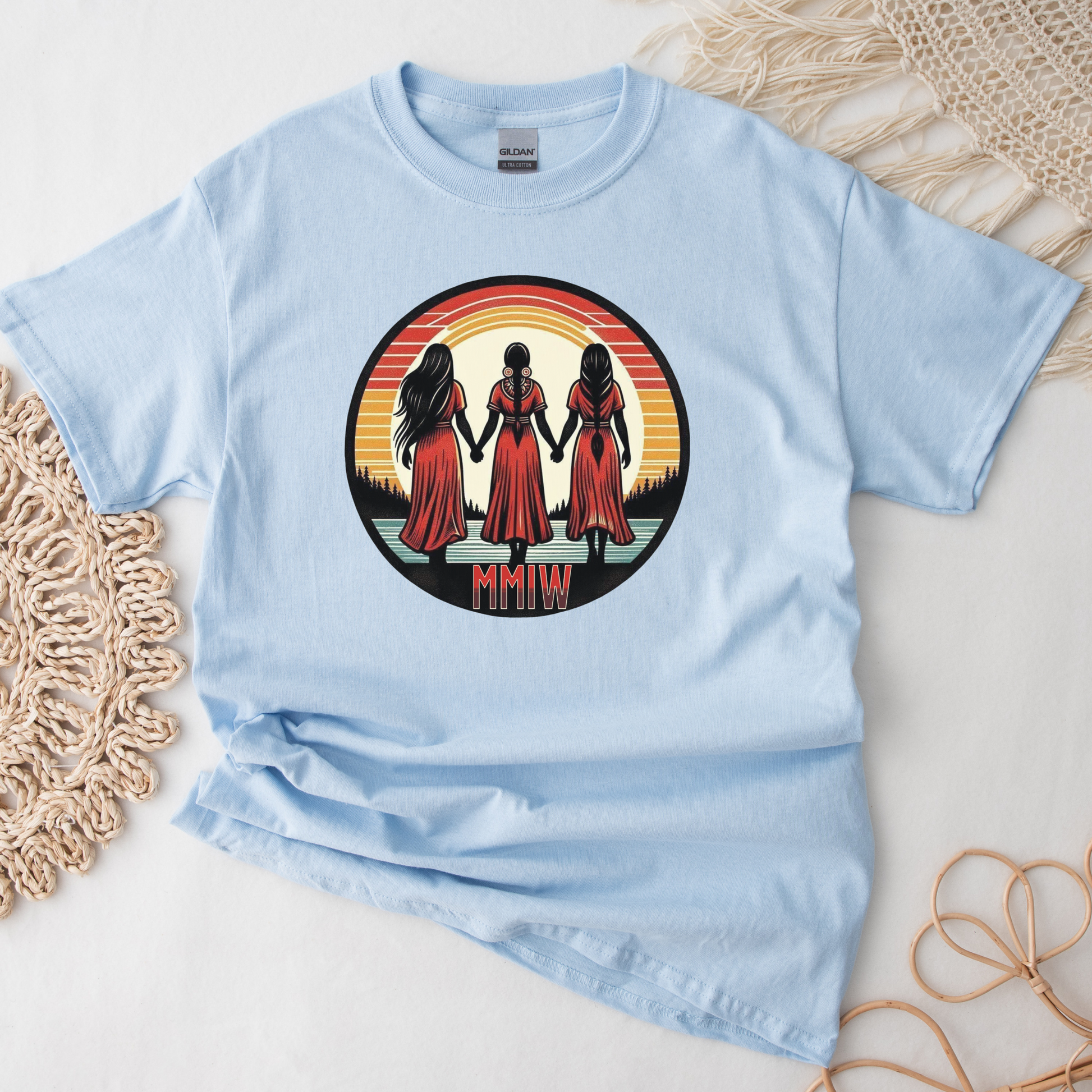 Indigenous MMIW Circle t-shirt featuring three women joined in a circle to honour Missing and Murdered Indigenous Women, Girls, and Two-Spirit people. mmiw shirt canada, indigenous clothing canada, missing and murdered indigenous women shirt, mmiw awareness shirt, indigenous t shirt canada, orange shirt day apparel, activist clothing canada, indigenous apparel ontario, unisex graphic tee canada, social justice clothing