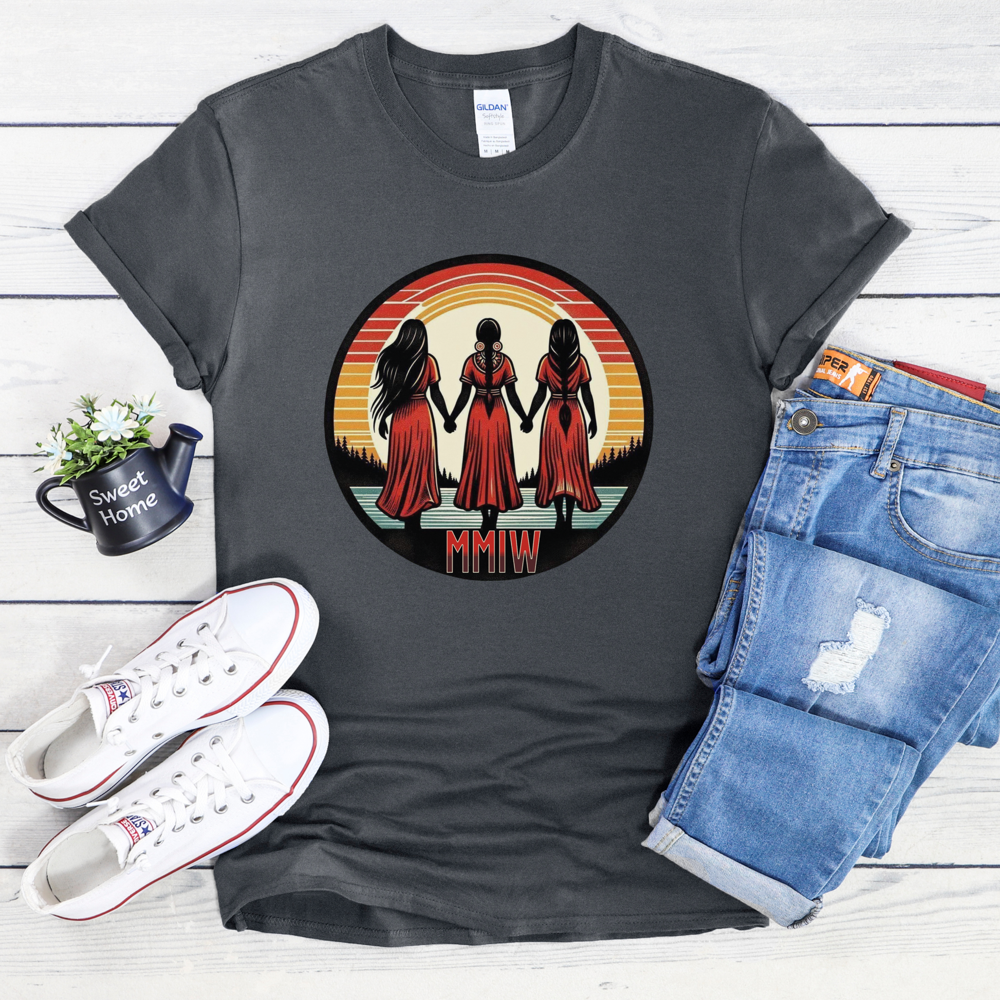 Indigenous MMIW Circle t-shirt featuring three women joined in a circle to honour Missing and Murdered Indigenous Women, Girls, and Two-Spirit people. mmiw shirt canada, indigenous clothing canada, missing and murdered indigenous women shirt, mmiw awareness shirt, indigenous t shirt canada, orange shirt day apparel, activist clothing canada, indigenous apparel ontario, unisex graphic tee canada, social justice clothing