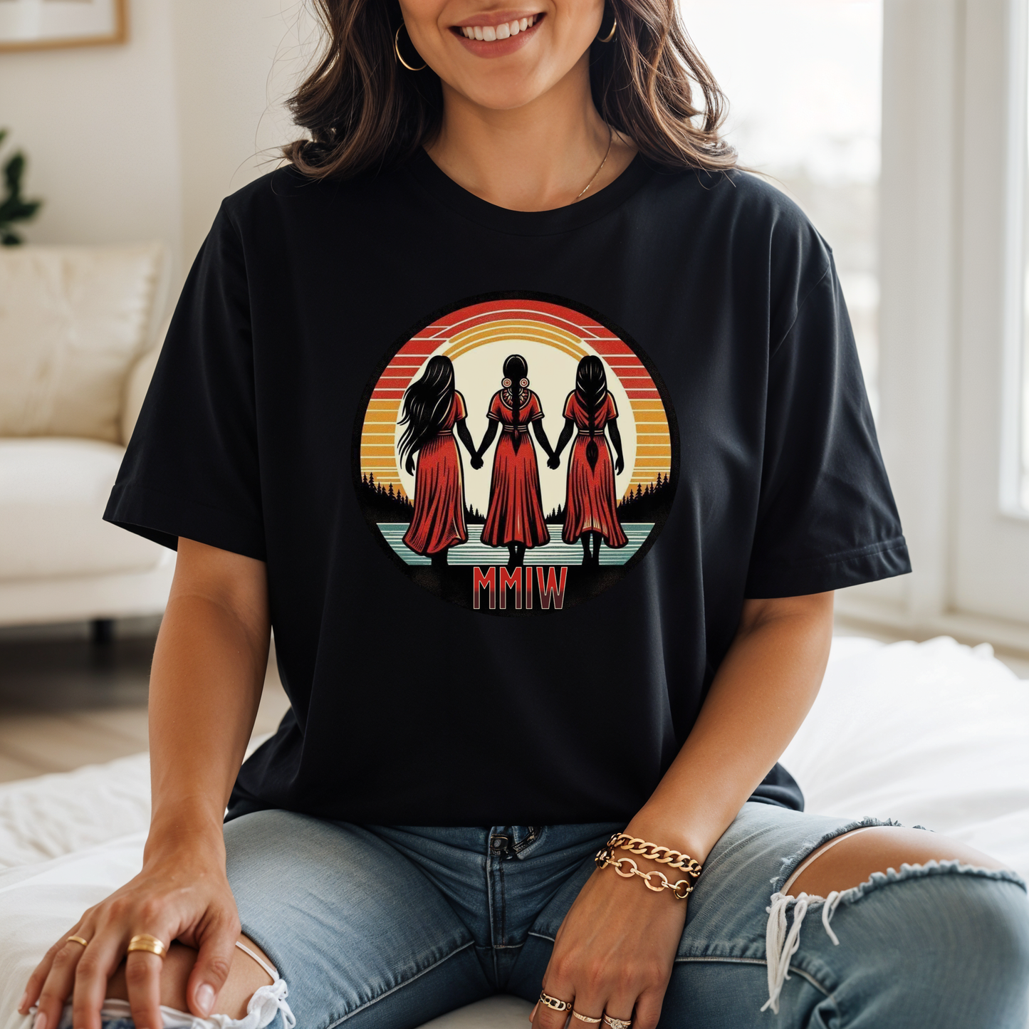 Indigenous MMIW Circle t-shirt featuring three women joined in a circle to honour Missing and Murdered Indigenous Women, Girls, and Two-Spirit people. mmiw shirt canada, indigenous clothing canada, missing and murdered indigenous women shirt, mmiw awareness shirt, indigenous t shirt canada, orange shirt day apparel, activist clothing canada, indigenous apparel ontario, unisex graphic tee canada, social justice clothing