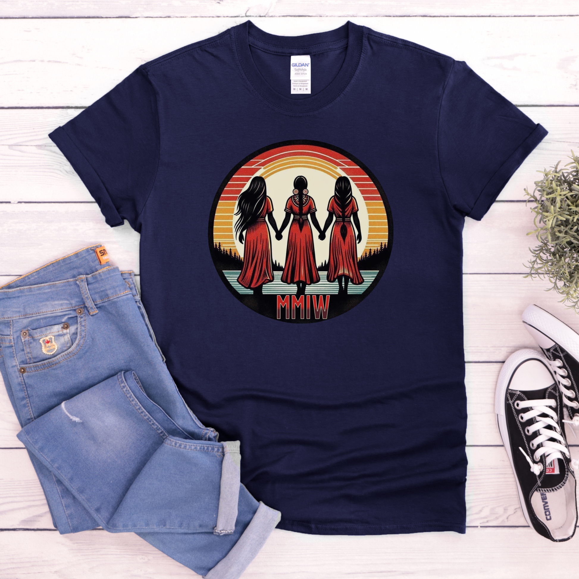 Indigenous MMIW Circle t-shirt featuring three women joined in a circle to honour Missing and Murdered Indigenous Women, Girls, and Two-Spirit people. mmiw shirt canada, indigenous clothing canada, missing and murdered indigenous women shirt, mmiw awareness shirt, indigenous t shirt canada, orange shirt day apparel, activist clothing canada, indigenous apparel ontario, unisex graphic tee canada, social justice clothing