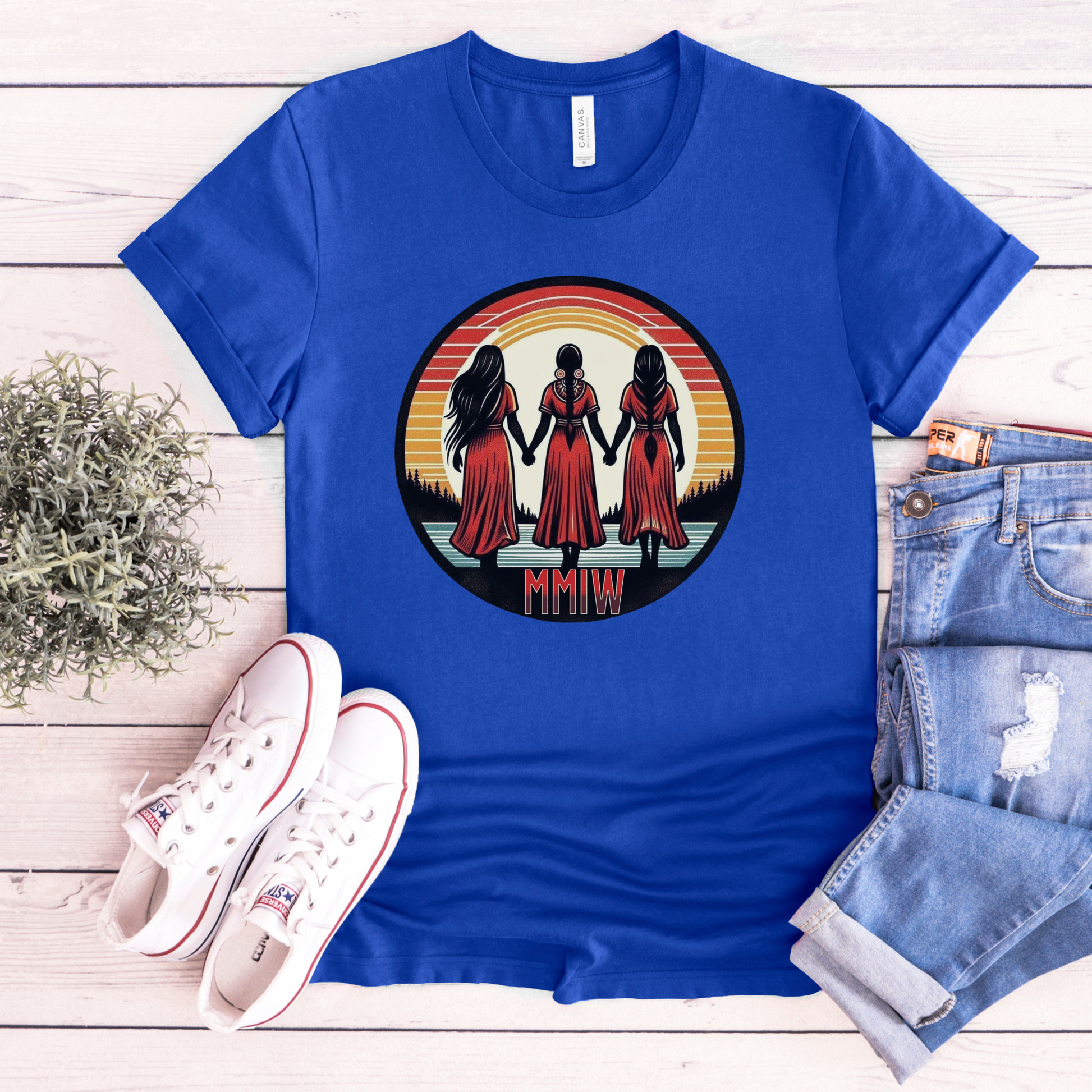 Indigenous MMIW Circle t-shirt featuring three women joined in a circle to honour Missing and Murdered Indigenous Women, Girls, and Two-Spirit people. mmiw shirt canada, indigenous clothing canada, missing and murdered indigenous women shirt, mmiw awareness shirt, indigenous t shirt canada, orange shirt day apparel, activist clothing canada, indigenous apparel ontario, unisex graphic tee canada, social justice clothing