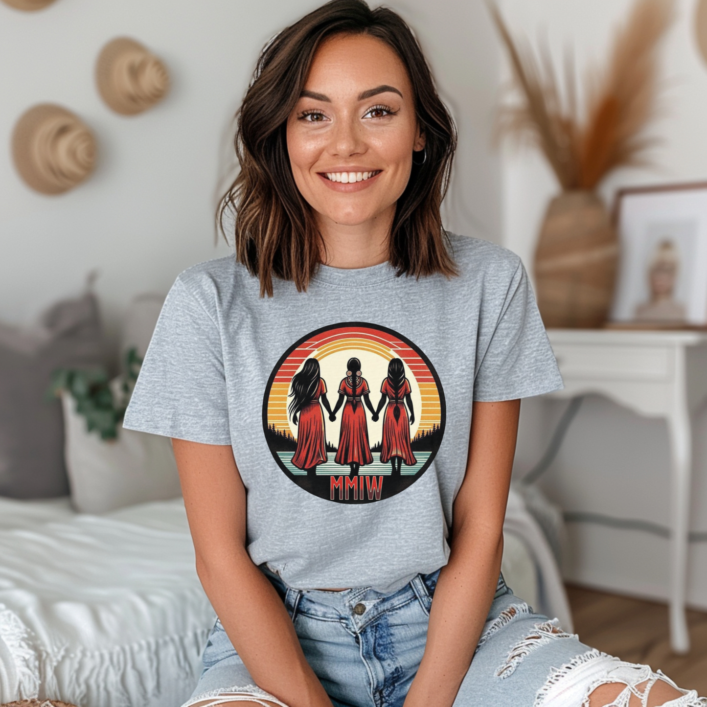 Indigenous MMIW Circle t-shirt featuring three women joined in a circle to honour Missing and Murdered Indigenous Women, Girls, and Two-Spirit people. mmiw shirt canada, indigenous clothing canada, missing and murdered indigenous women shirt, mmiw awareness shirt, indigenous t shirt canada, orange shirt day apparel, activist clothing canada, indigenous apparel ontario, unisex graphic tee canada, social justice clothing
