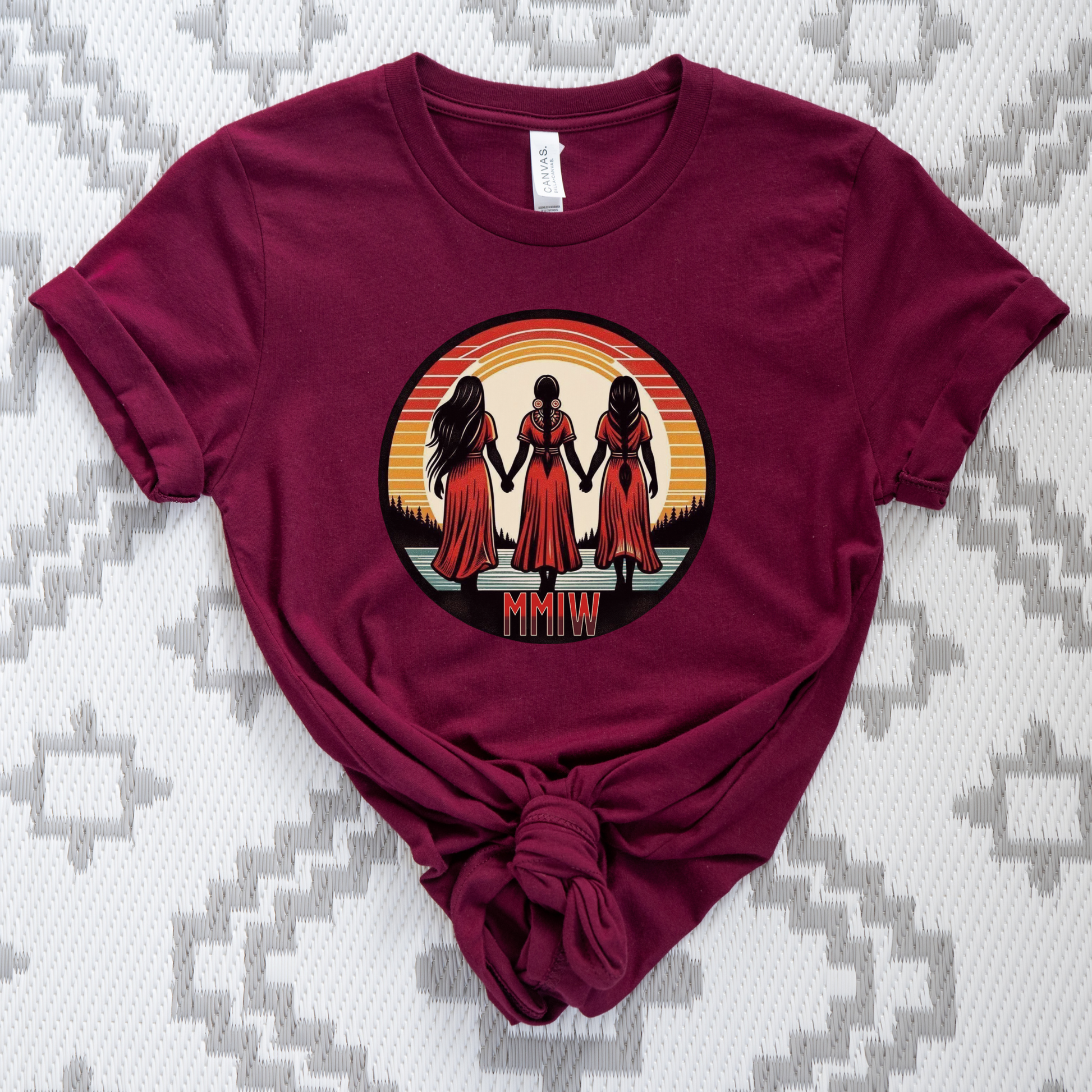 Indigenous MMIW Circle t-shirt featuring three women joined in a circle to honour Missing and Murdered Indigenous Women, Girls, and Two-Spirit people. mmiw shirt canada, indigenous clothing canada, missing and murdered indigenous women shirt, mmiw awareness shirt, indigenous t shirt canada, orange shirt day apparel, activist clothing canada, indigenous apparel ontario, unisex graphic tee canada, social justice clothing