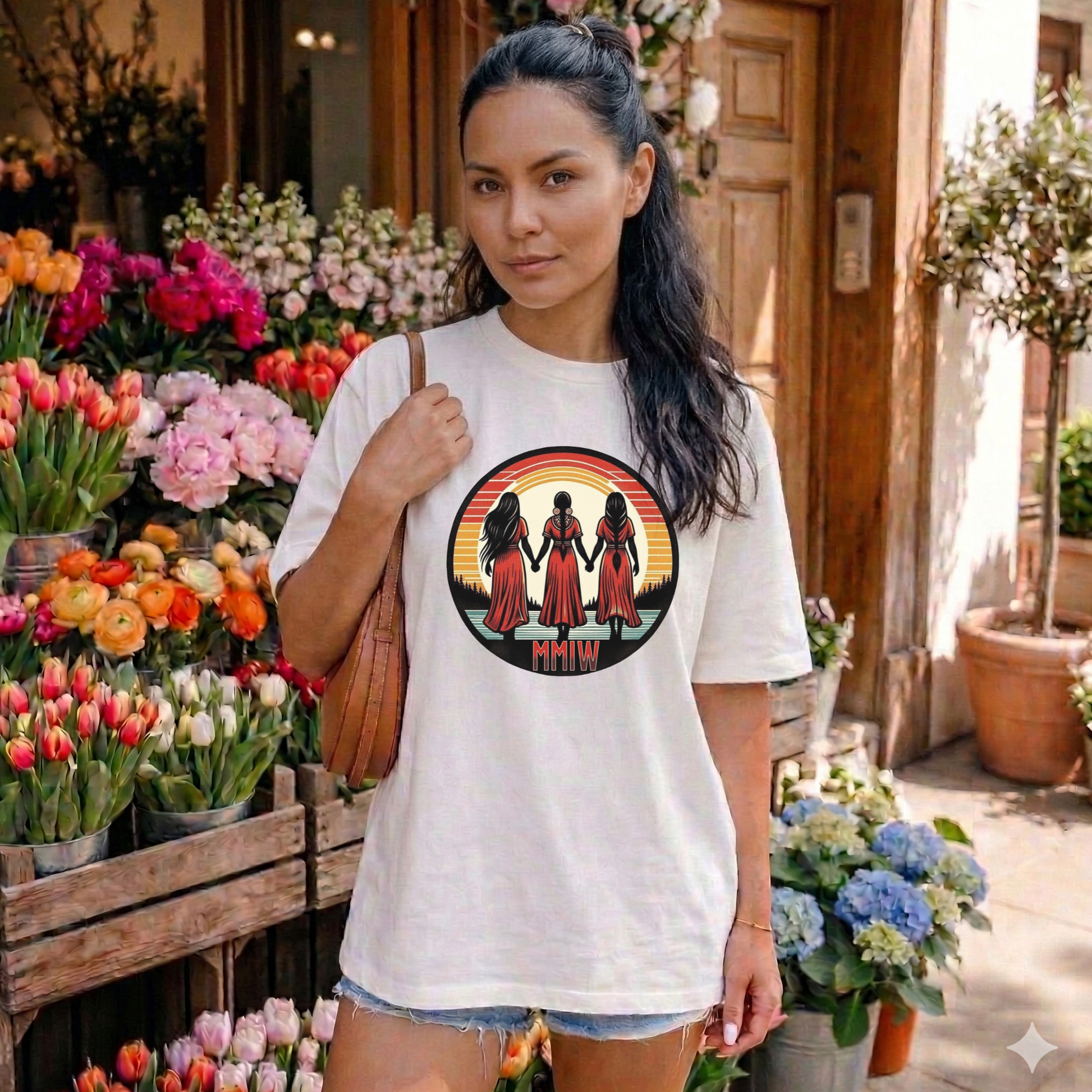 Indigenous MMIW Circle t-shirt featuring three women joined in a circle to honour Missing and Murdered Indigenous Women, Girls, and Two-Spirit people. mmiw shirt canada, indigenous clothing canada, missing and murdered indigenous women shirt, mmiw awareness shirt, indigenous t shirt canada, orange shirt day apparel, activist clothing canada, indigenous apparel ontario, unisex graphic tee canada, social justice clothing