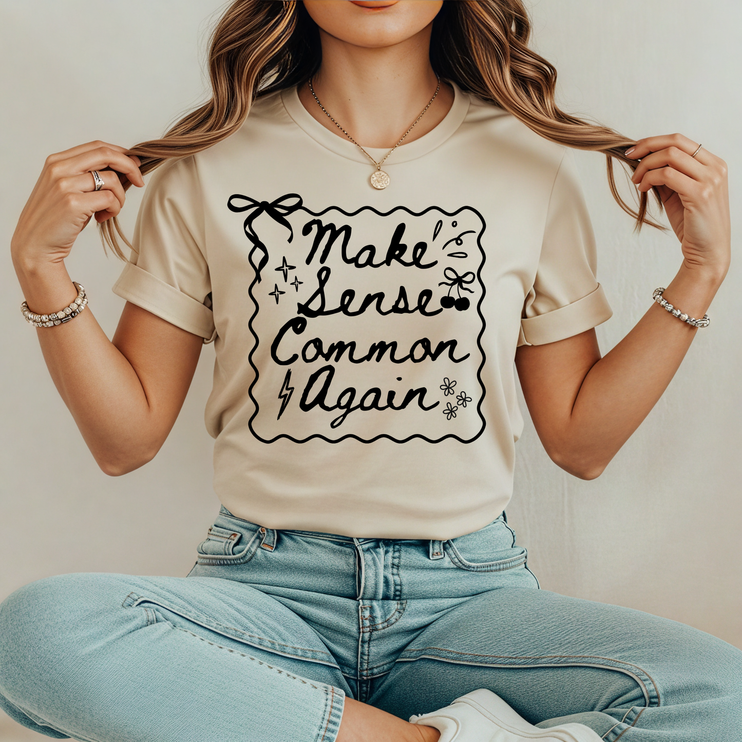 Make Sense Common Again shirt with hand-drawn doodle style text on a unisex graphic tee. make sense common again, funny quote shirt, sarcastic tee, doodle shirt, unisex graphic tee, humorous apparel, witty shirt, statement tee, casual funny shirt, everyday graphic tee, gift idea shirt, sarcastic quote tee, playful t shirt, funny unisex shirt, creative quote shirt. canadian shop funny shirt