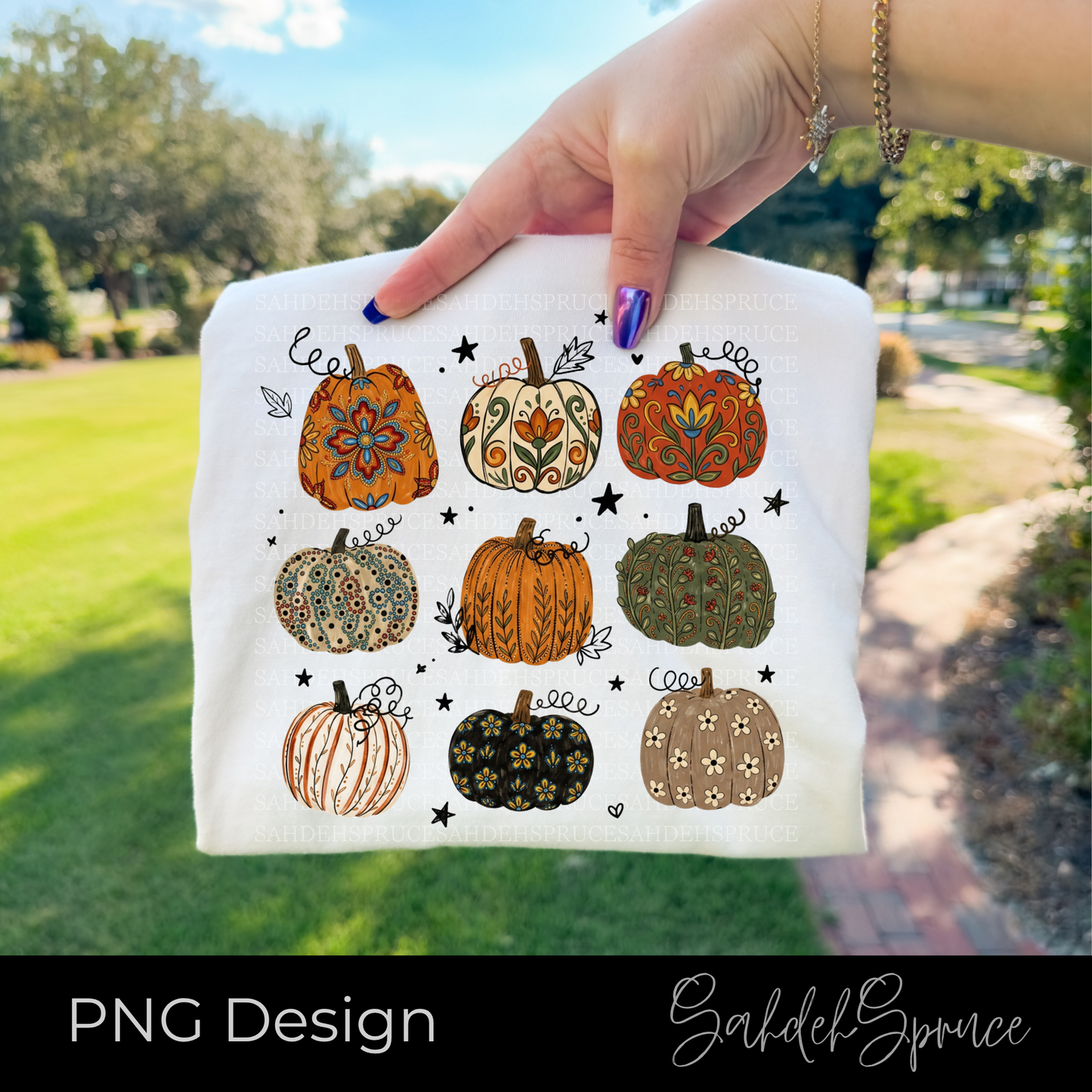 Digital PNG featuring nine decorative pumpkins with Indigenous-inspired floral and botanical patterns in warm autumn colors on a transparent background.
