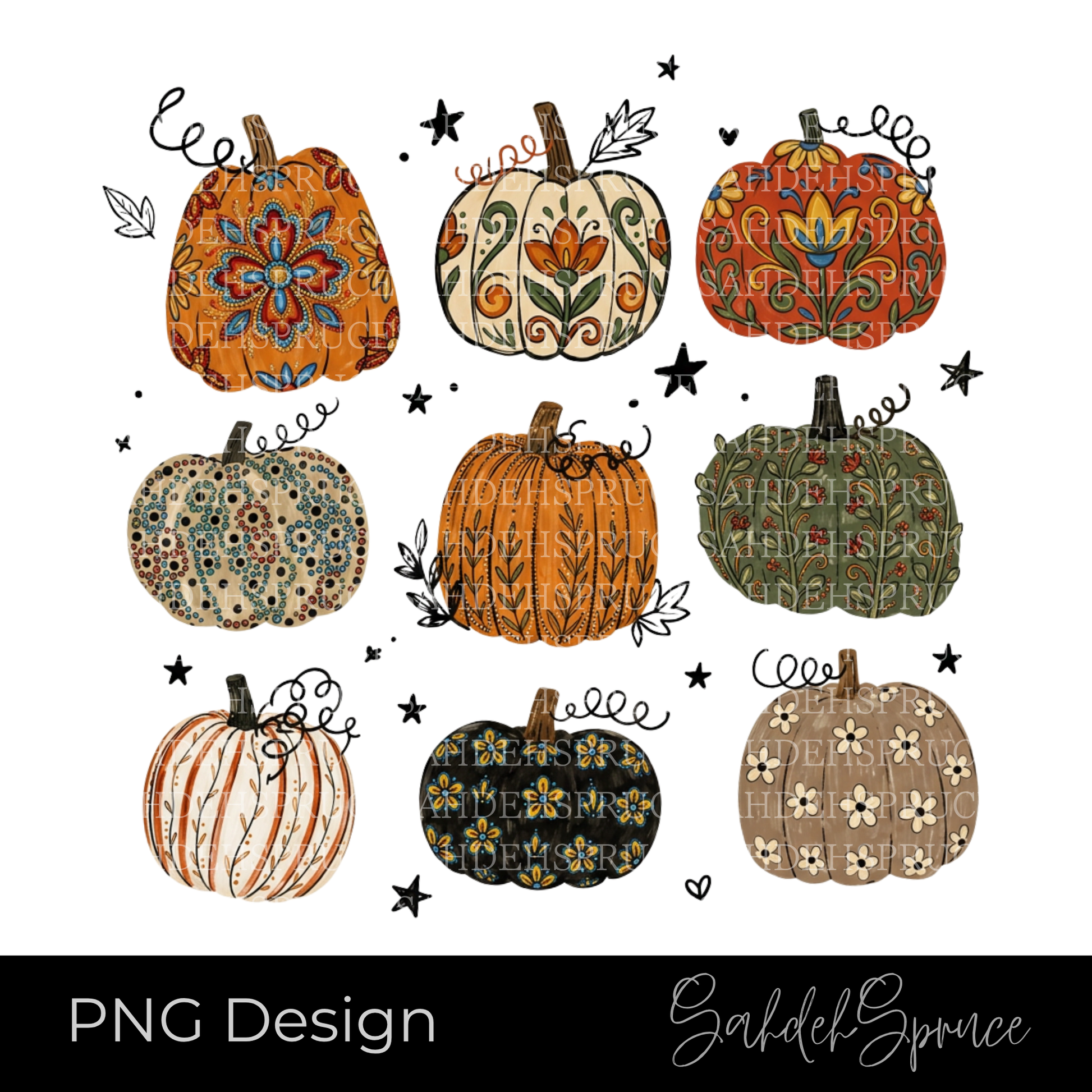 Digital PNG featuring nine decorative pumpkins with Indigenous-inspired floral and botanical patterns in warm autumn colors on a transparent background.