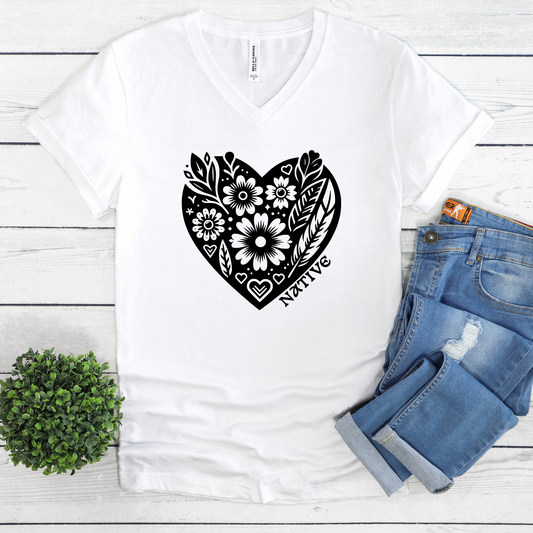 Native heart V-neck, Indigenous pride V-neck, floral heart V-neck, Native graphic V-neck, feather floral V-neck, cultural pride apparel, Indigenous owned V-neck, Sahdeh Spruce design, unisex Native V-neck, Native identity clothing, ethical fashion, boho Indigenous V-neck, heart typography V-neck, decolonization apparel