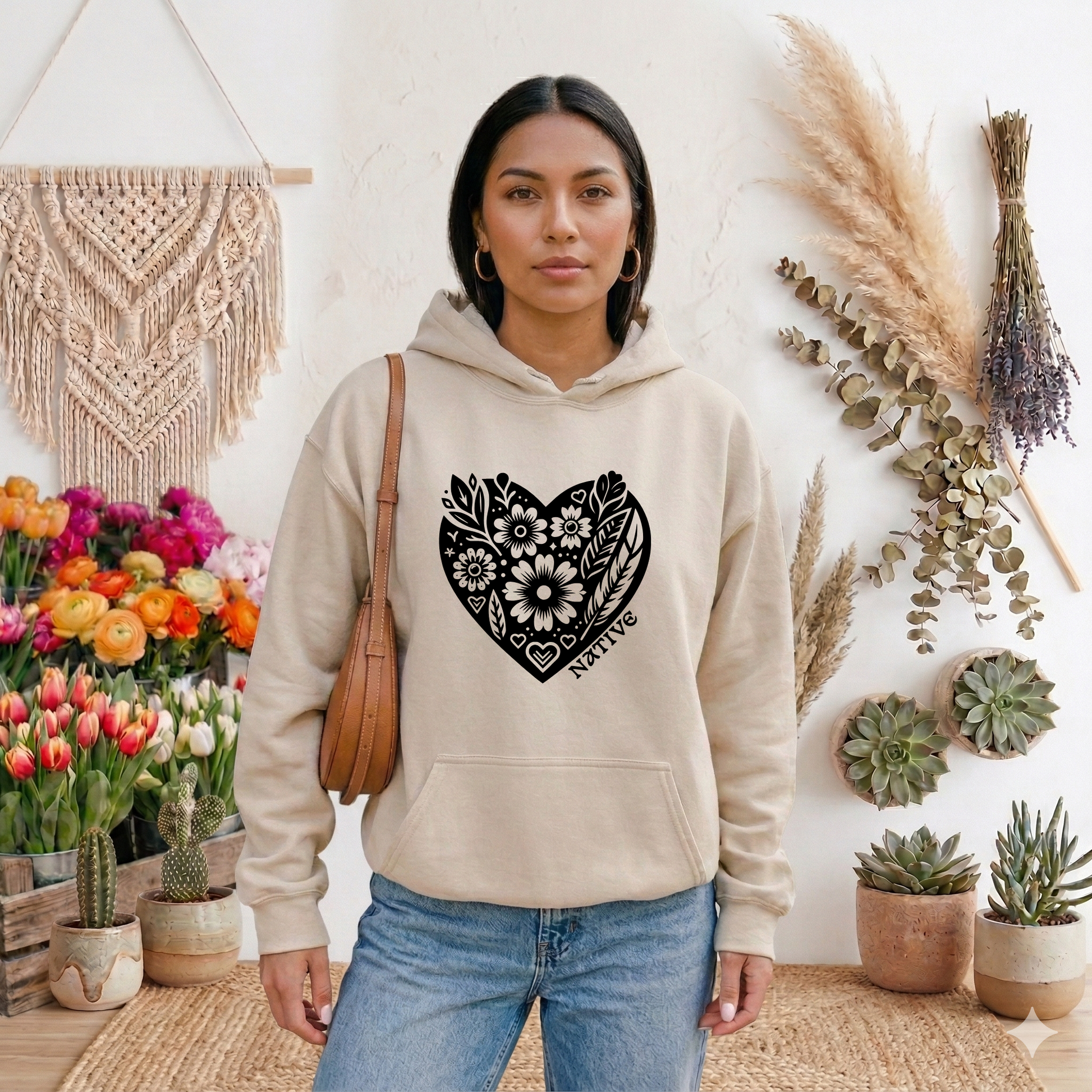 Native heart hoodie, Indigenous pride hoodie, floral heart hoodie, Native graphic hoodie, feather floral hoodie, cultural pride apparel, Indigenous owned hoodie, Sahdeh Spruce design, unisex Native hoodie, Native identity clothing, ethical fashion, boho Indigenous hoodie, heart typography hoodie, decolonization apparel