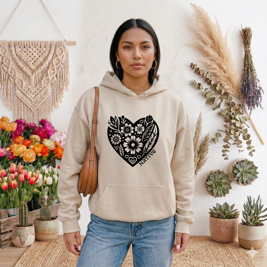 Native heart hoodie, Indigenous pride hoodie, floral heart hoodie, Native graphic hoodie, feather floral hoodie, cultural pride apparel, Indigenous owned hoodie, Sahdeh Spruce design, unisex Native hoodie, Native identity clothing, ethical fashion, boho Indigenous hoodie, heart typography hoodie, decolonization apparel