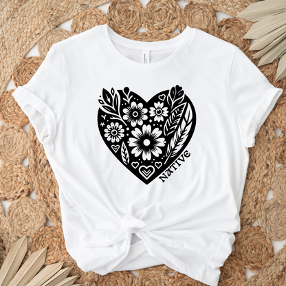 Native heart t-shirt, Indigenous pride shirt, floral heart tee, Native graphic t-shirt, feather floral shirt, cultural pride apparel, Indigenous owned t-shirt, Sahdeh Spruce design, unisex Native tee, Native identity clothing, ethical fashion, boho Indigenous shirt, heart typography tee, decolonization apparel