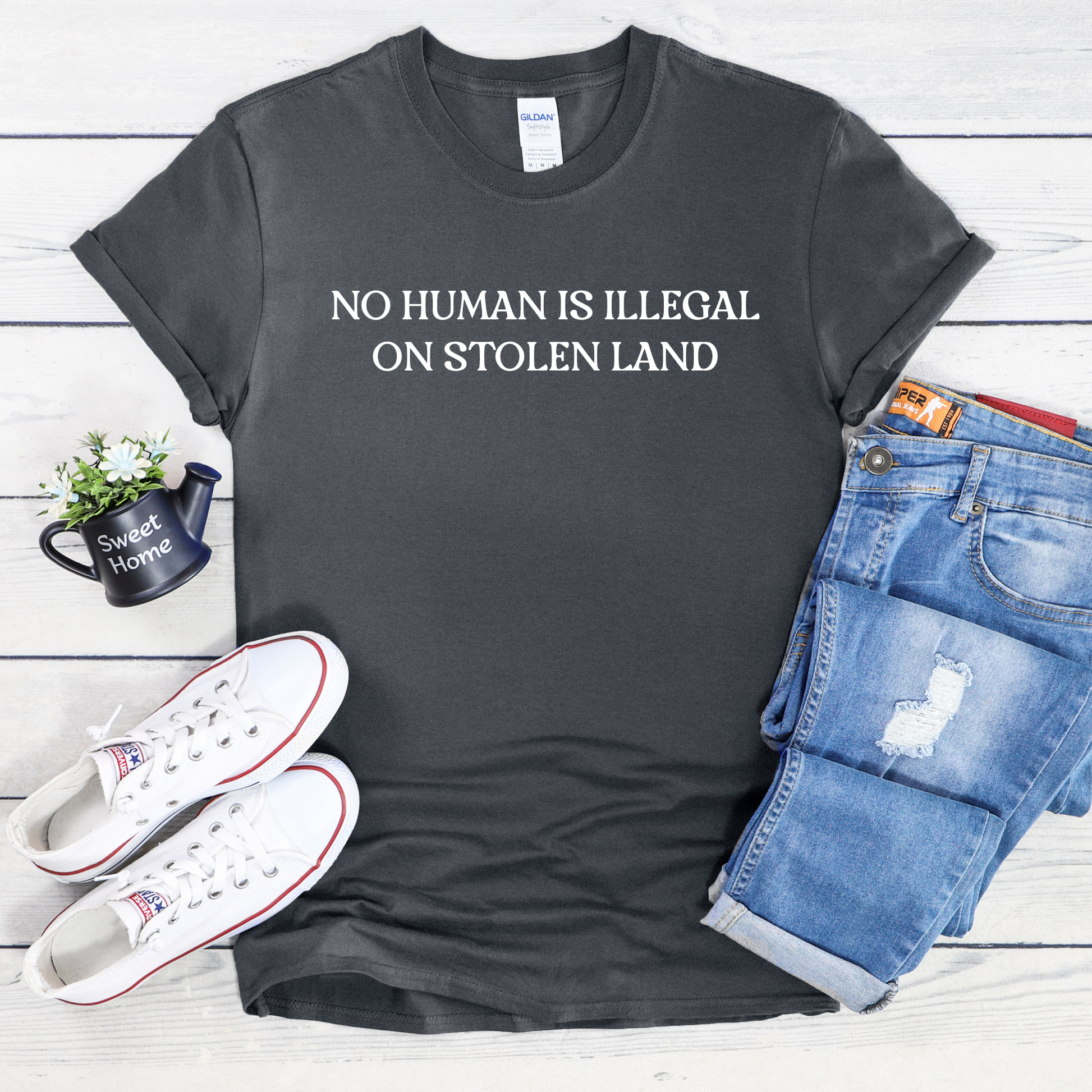 no human is illegal on stolen land shirt, indigenous solidarity shirt, social justice t-shirt, activist shirt, indigenous rights shirt, ally shirt, human rights clothing, minimalist protest tee