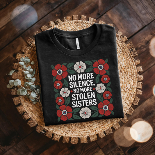 no more silence no more stolen sisters shirt, mmiw shirt, missing and murdered indigenous women shirt, red dress movement shirt, indigenous awareness shirt, mmiw awareness apparel, social justice shirt, floral activist shirt, indigenous solidarity shirt, truth and reconciliation shirt, advocacy shirt, statement graphic tee, unisex activist shirt