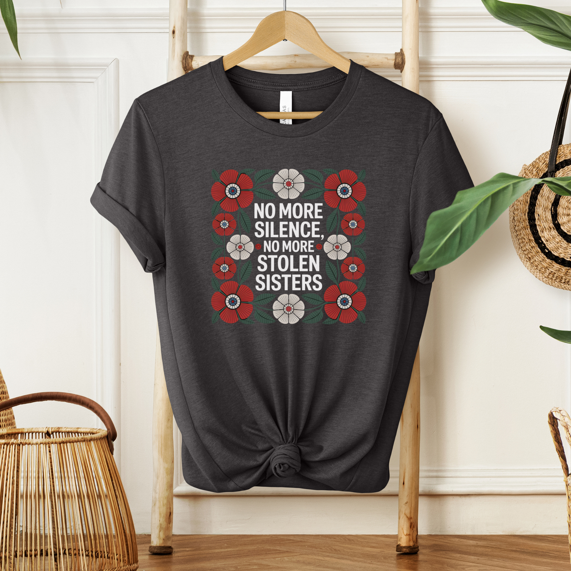 no more silence no more stolen sisters shirt, mmiw shirt, missing and murdered indigenous women shirt, red dress movement shirt, indigenous awareness shirt, mmiw awareness apparel, social justice shirt, floral activist shirt, indigenous solidarity shirt, truth and reconciliation shirt, advocacy shirt, statement graphic tee, unisex activist shirt