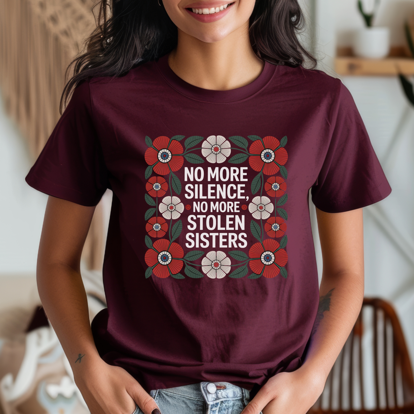 no more silence no more stolen sisters shirt, mmiw shirt, missing and murdered indigenous women shirt, red dress movement shirt, indigenous awareness shirt, mmiw awareness apparel, social justice shirt, floral activist shirt, indigenous solidarity shirt, truth and reconciliation shirt, advocacy shirt, statement graphic tee, unisex activist shirt