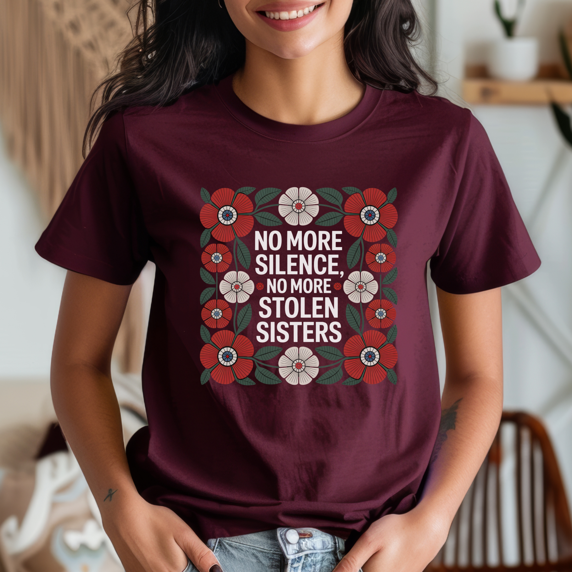 no more silence no more stolen sisters shirt, mmiw shirt, missing and murdered indigenous women shirt, red dress movement shirt, indigenous awareness shirt, mmiw awareness apparel, social justice shirt, floral activist shirt, indigenous solidarity shirt, truth and reconciliation shirt, advocacy shirt, statement graphic tee, unisex activist shirt