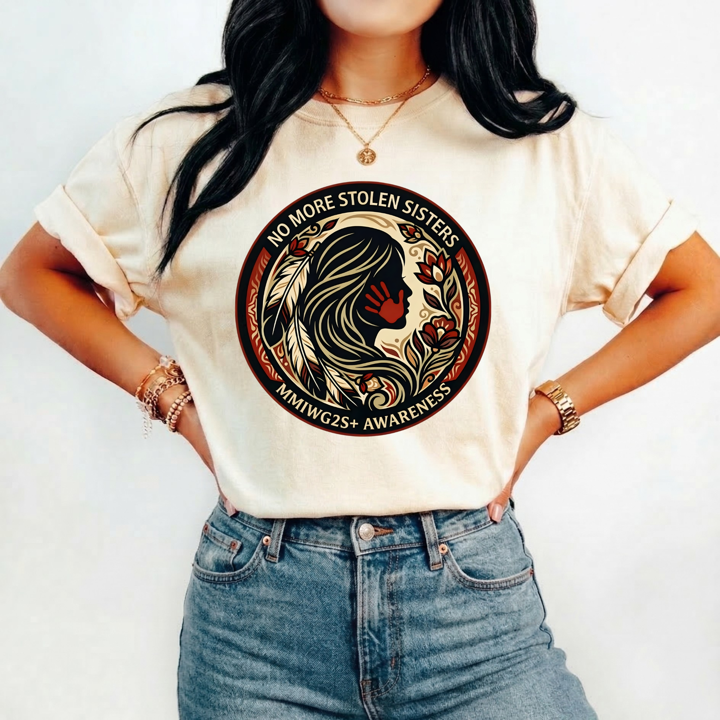 No More Stolen Sisters MMIWG2S+ awareness unisex t-shirt featuring powerful original graphic design calling for justice for Missing and Murdered Indigenous Women, Girls, and Two Spirit+ on soft heather cotton tee.